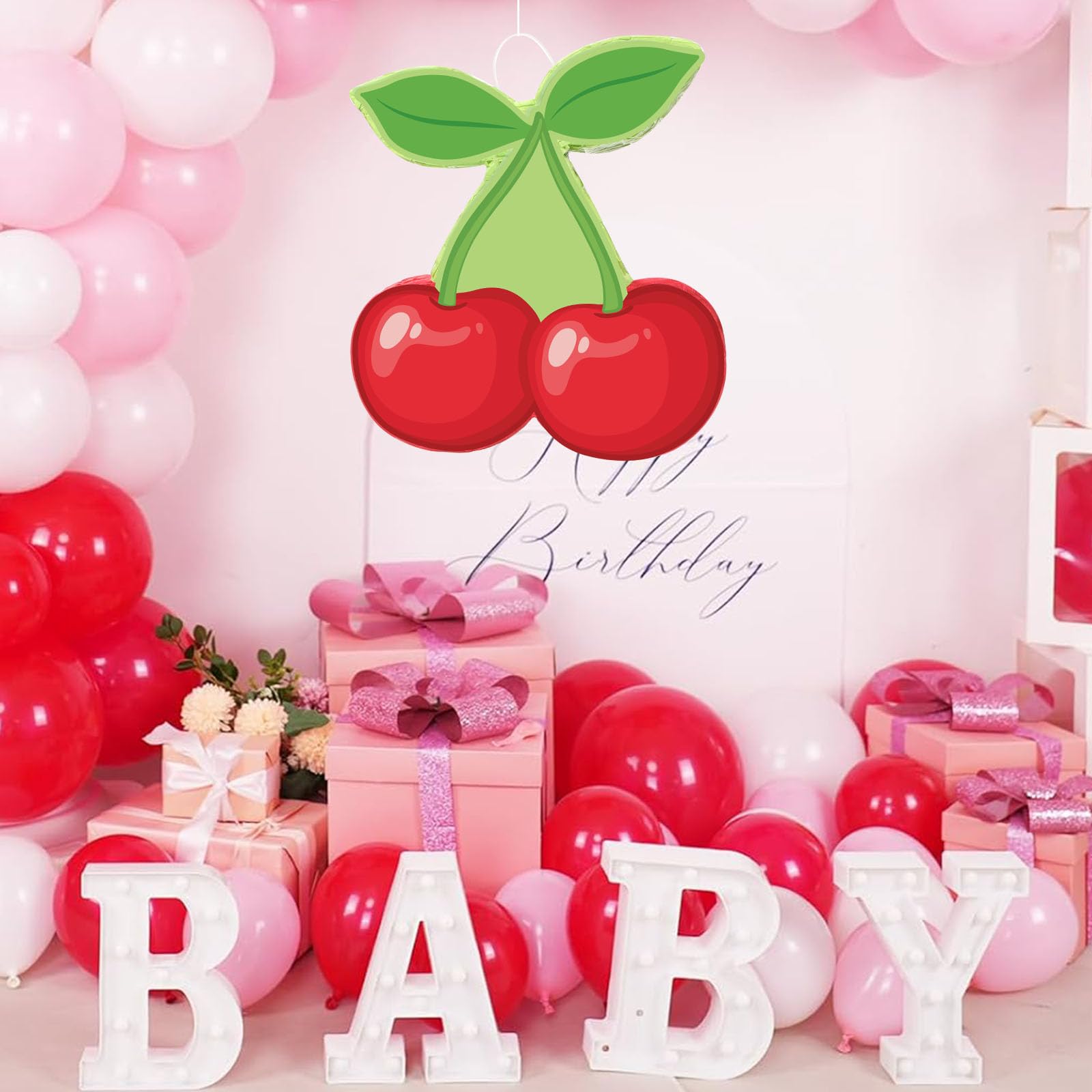Capoda Piñata de cereza para niños y niñas, juegos de piñata con lazo verde, bayas, con palo, venda para los ojos, diseño de cerezas rojas mexicanas, cumpleaños, baby shower, fiesta, suministros de