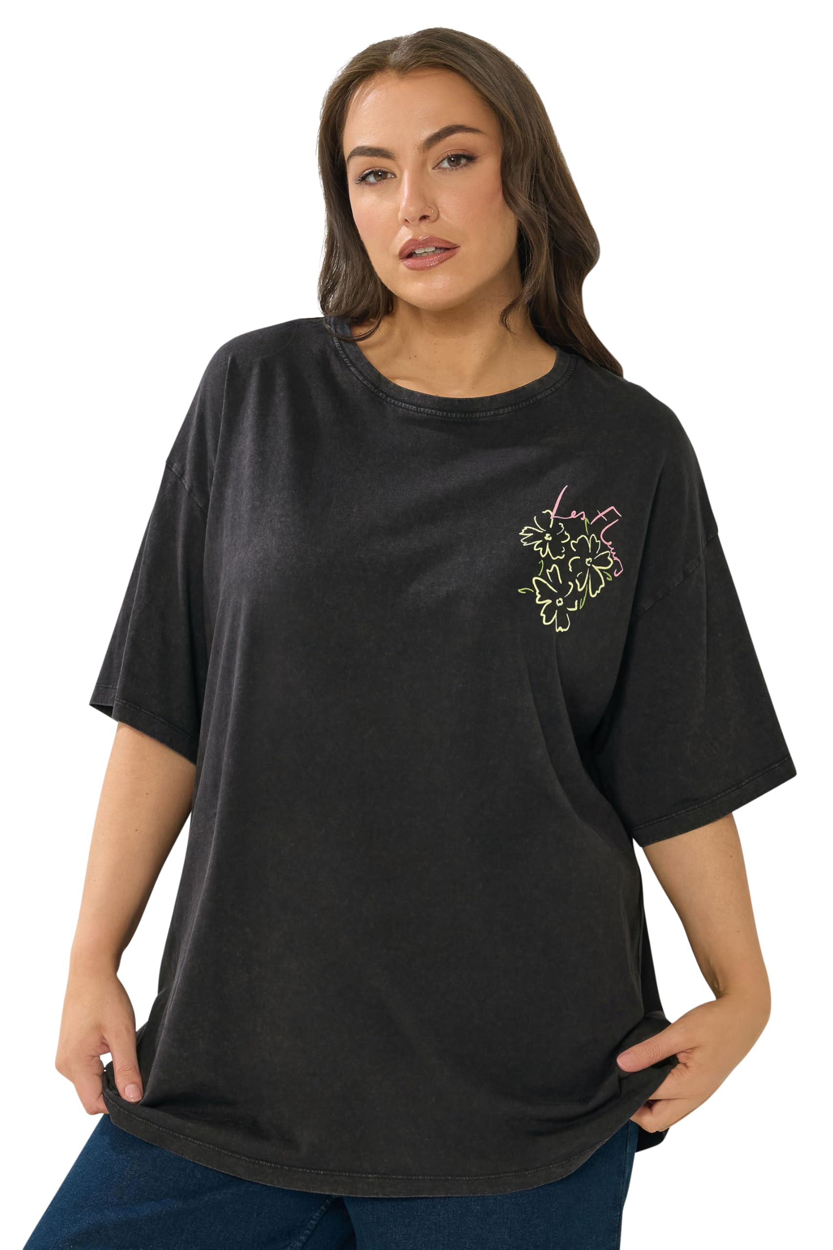 Yours Women's Black 'Les Fleurs' Relaxed T-Shirt In | Size: 22/24