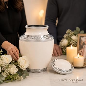 CLEENTABLE Cremation Urn for Human Ashes Adult Handcrafted Metal Memorial Urn with Secure Screw Lid, Decorative Funeral for Men & Women, 10 Inches Height x 6.5 Inches Width (White & Silver)