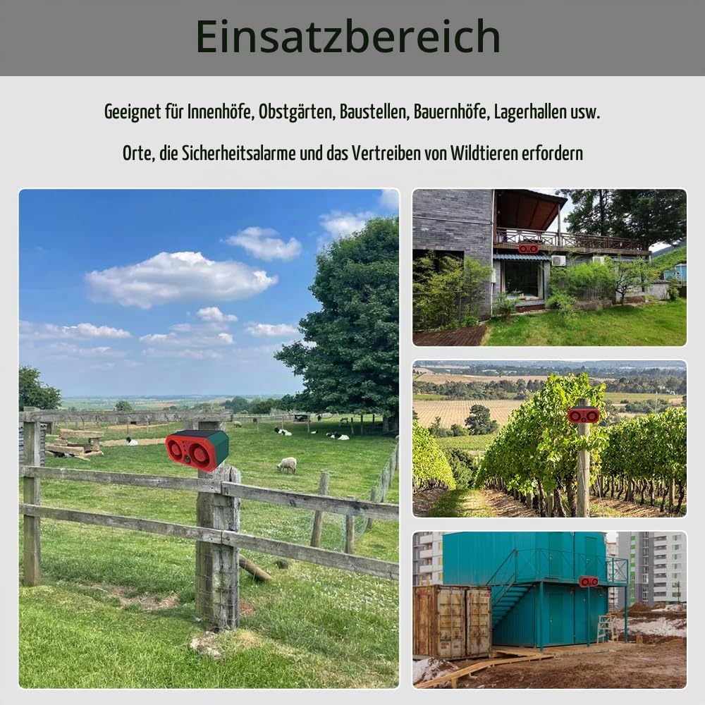 Solar Außen Bewegung ssensor Sirene - personalisierte Aufnahmesirene und Blitzlicht, 130 dB x 2 Lautsprecher, eingebaute 13 Soundmodi Hundegebell und Schüsse , geeignet für Hof, Bauernhof