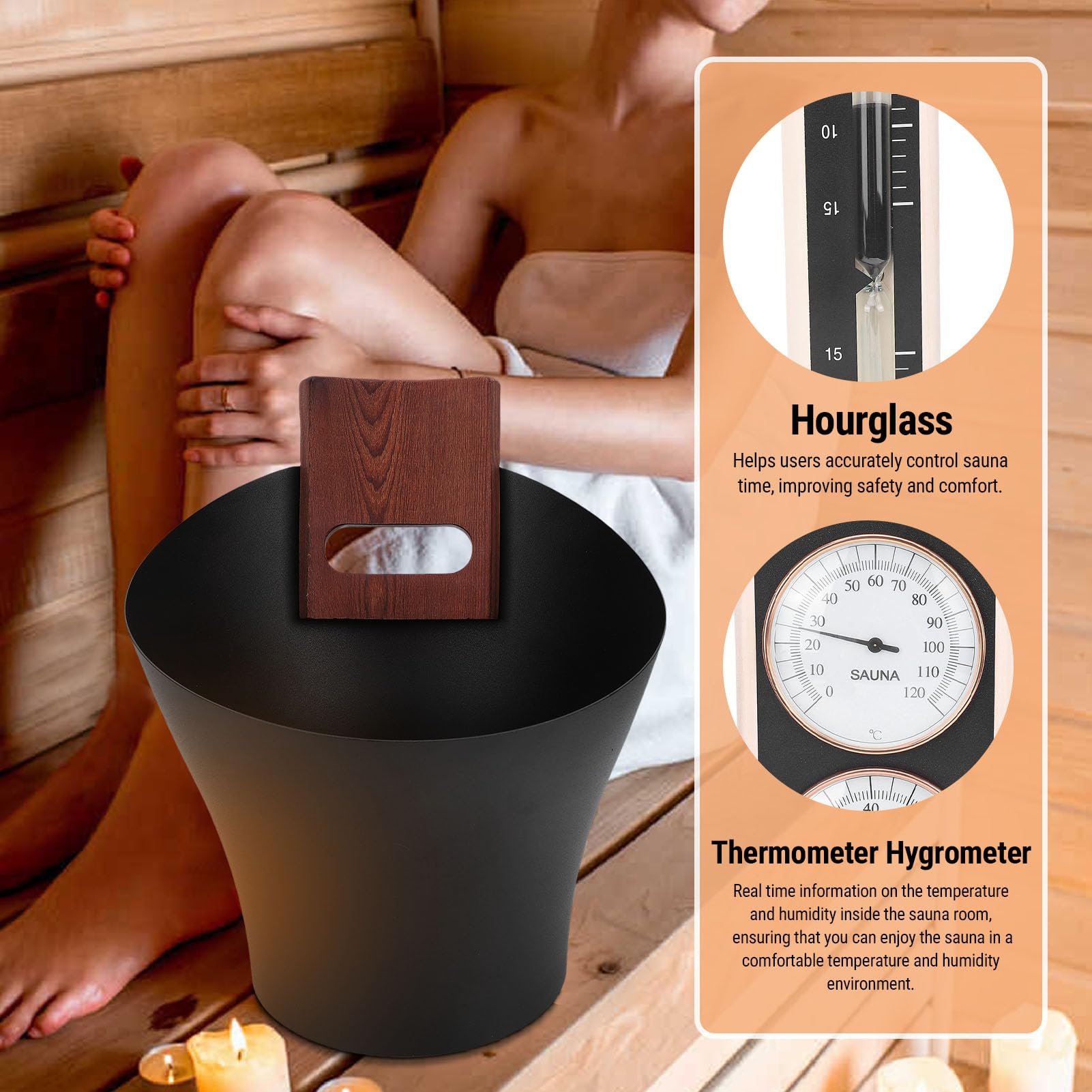 SIXRUN 5L Aluminiumowe Wiadro do Sauny, Długi Drewniany Czerpak, Zestaw Akcesoriów do Sauny z Zaokrąglonymi Krawędziami Domowego SPA, na Gorące źródła na Zewnątrz