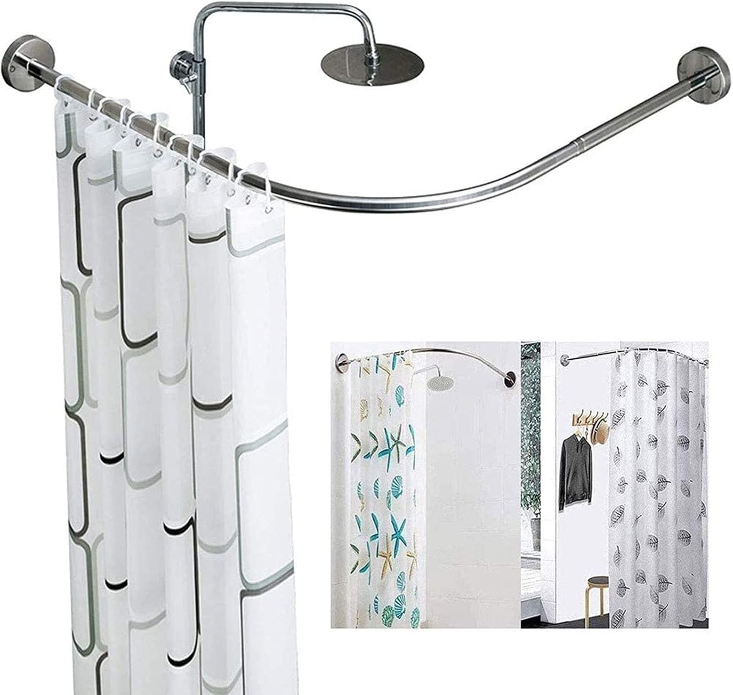 Easy Installation Shower Curtain Rod Adjustable Corner Ceiling Support Curved Rod,Extendable Shower Curtain Rod, L Shape Shower Curtain Rod, Curved Shower Curtain Rod, Stainless Steel Bath C