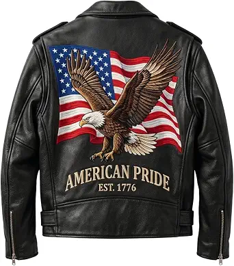 Men's American Pride Leather Motorcycle Jacket with Eagle Flag Graphic