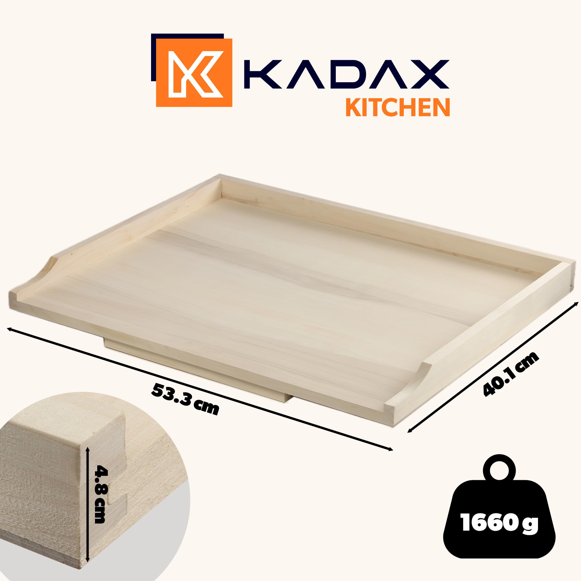 KADAX Planche à pâtes en bois de peuplier, planche à pâte avec barres d'arrêt, planche à pâtisserie traditionnelle pour pâtes, gâteaux, boulettes (un côté, 40 x 60 cm)