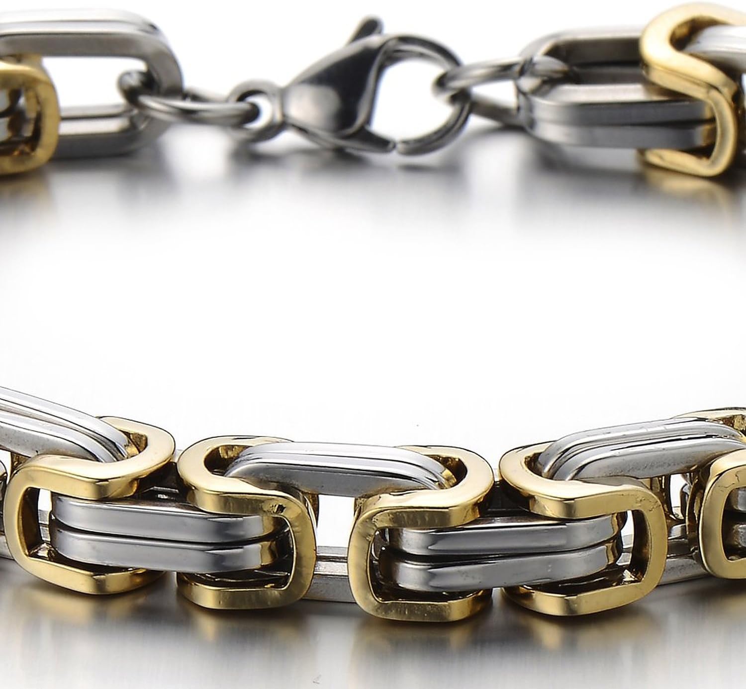 Close-up view of the braid link design on the bracelet.