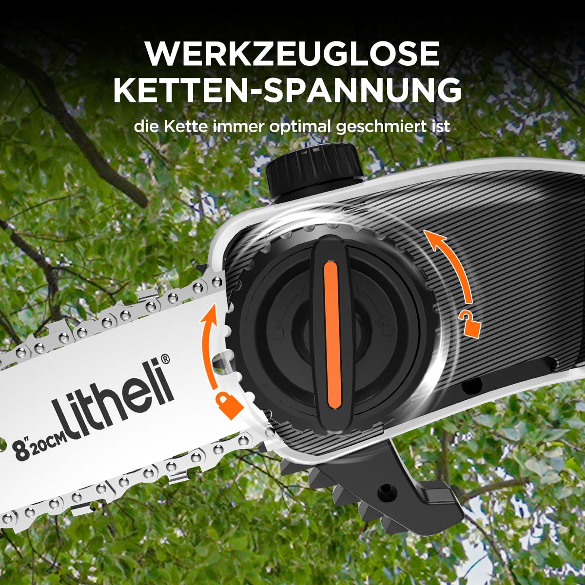 Litheli Hochentaster Akku, Astsäge Teleskop Akku zum Schneiden und Beschneiden von Ästen (2 x 2,0Ah, 8 m/s Kettengeschwindigkeit, 20 cm Schwertlänge, 140 ml autom. Kettenschmierung, Zubehör)