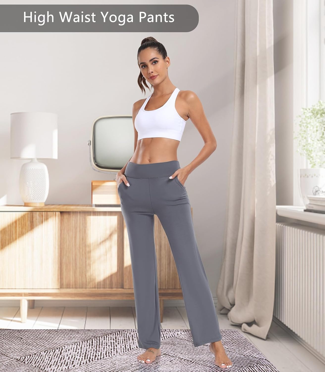 TownCat Women’s Yoga Pants with Pockets, High Waist Workout Straight Leg Pants, Womens Soft Gym Stretch Bootcut Pants - Image 7