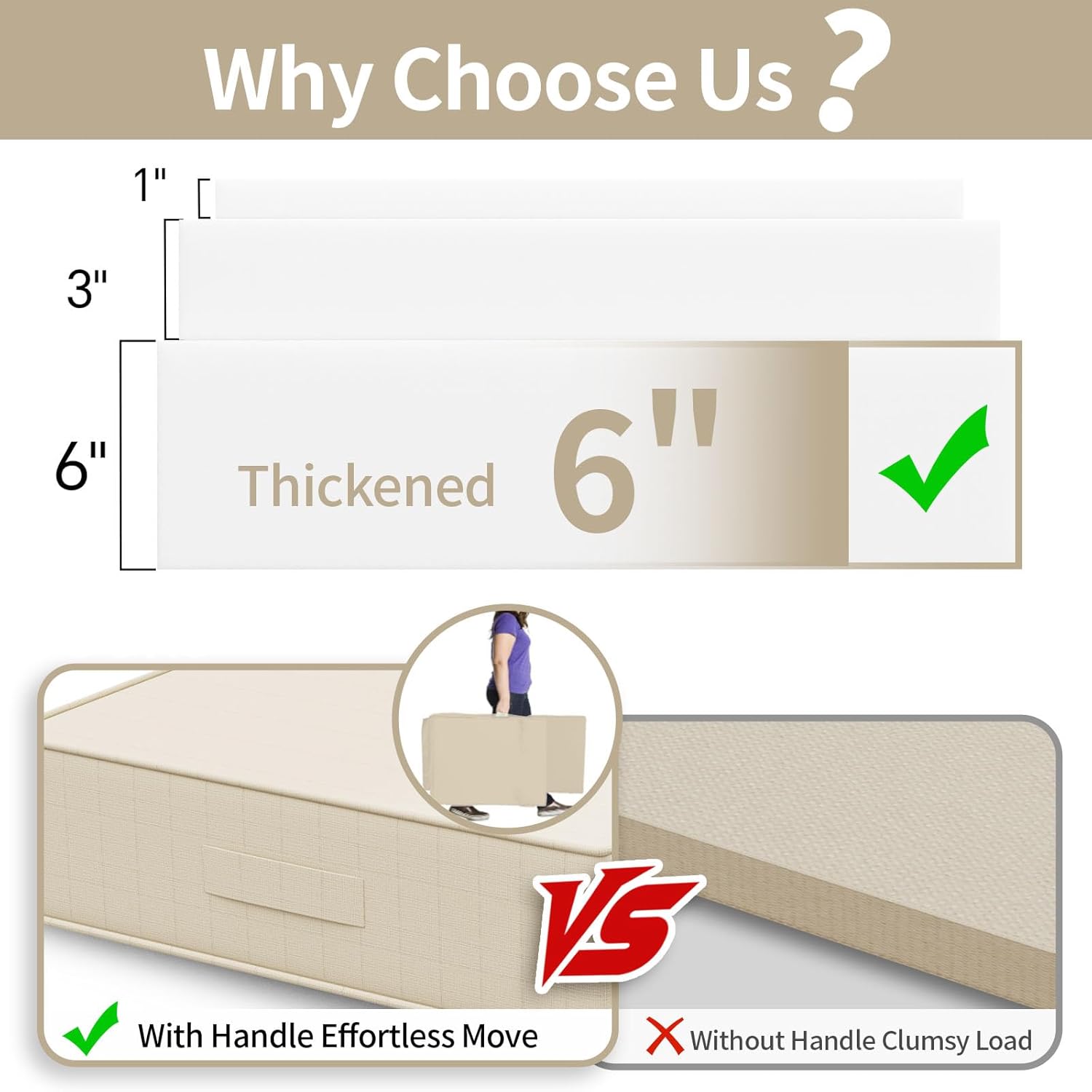 6 Inch Thick Foldable Deep Seat Cushion Set, 24 x 24 Inch Outdoor Water & Fade Resistant Olefin Patio Furniture Replacement Chair Cushion, with Removable Cover, Handle and Straps, Beige