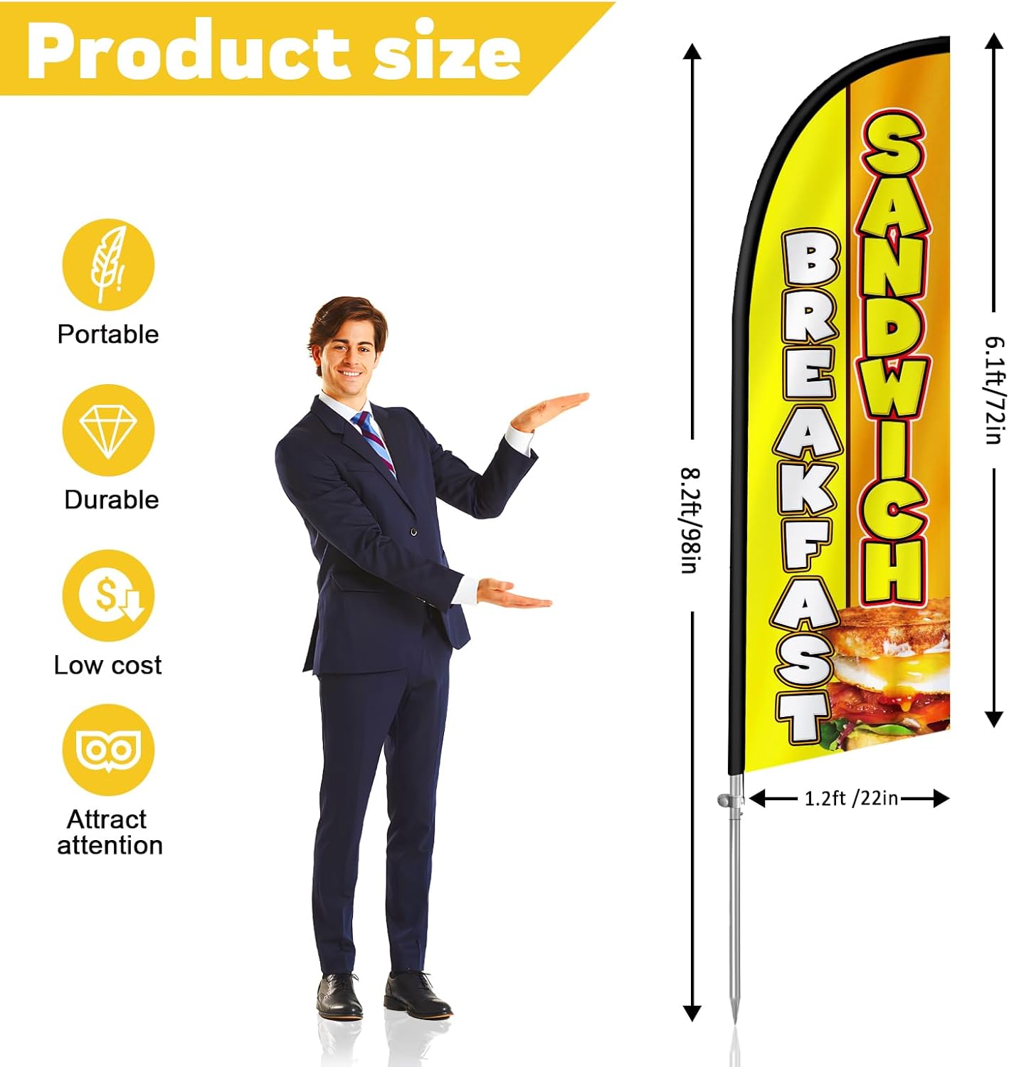 Breakfast Sandwiches Flag for Business, 8FT Feather Flag Banner, Polyester Advertising Swooper Flag with Aluminium Alloy Flag Pole Kit, Stainless Steel, Ground Spike, Portable Bag - Image 2