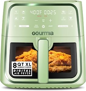 Gourmia 8 Qt Air Fryer, 8 Presets with Digital Display, FryForce 360° Technology, Easy View Window & Interior Light, Dishwasher Safe Basket, Green