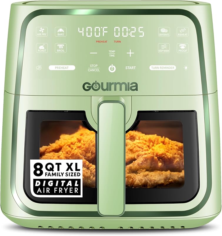 Freidora de aire de 8 cuartos, 8 preajustes con pantalla digital, tecnología FryForce 360°, ventana de fácil visualización y luz interior, cesta apta para lavavajillas, verde
