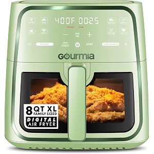 Gourmia 8 Qt Air Fryer, 8 Presets with Digital Display, FryForce 360° Technology, Easy View Window & Interior Light, Dishwasher Safe Basket, Green