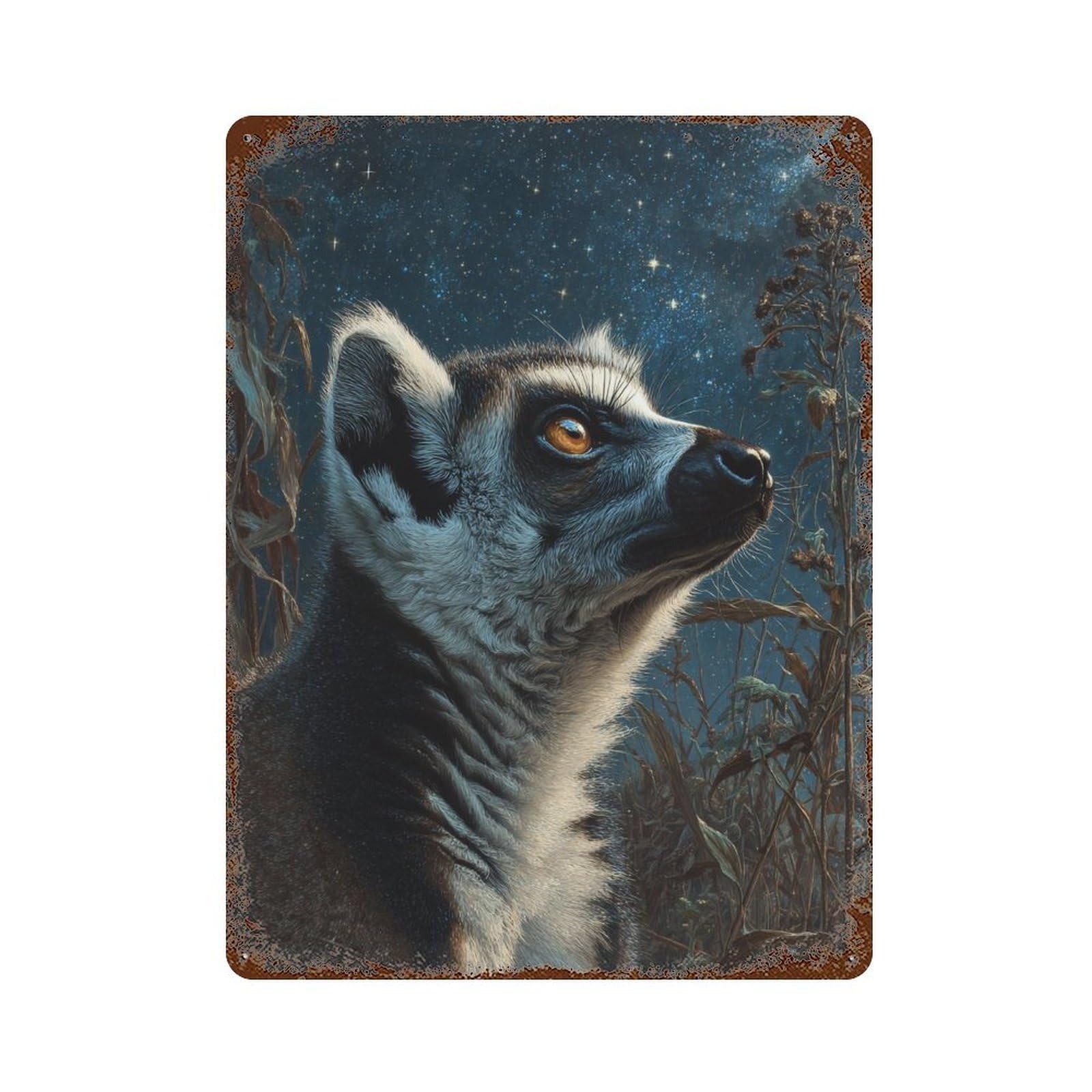 Night Lemur Gazing Stars 15.7"x11.8" Rustic Tin Plaque, Retro Wall Decor for Garage, Bar And Workshop Decor
