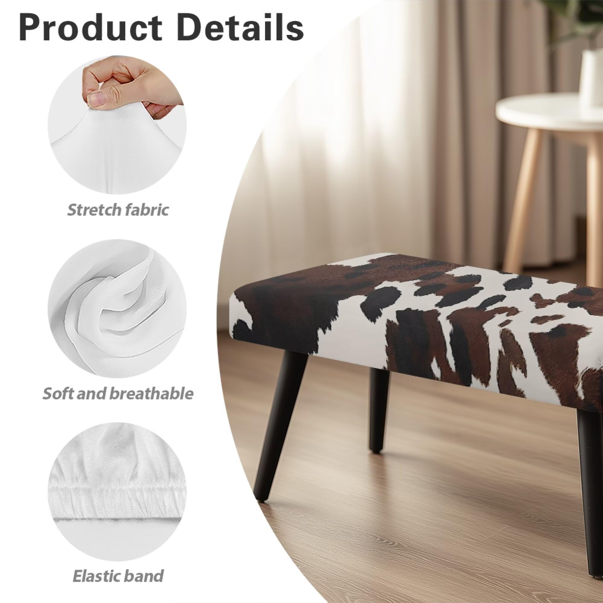 Rerteryuro Bench Seat Cover Washable End of Bed Bench Cushion Cover Cow Stripe Removable Protector Covers for Dining Room, Living Room, Kitchen