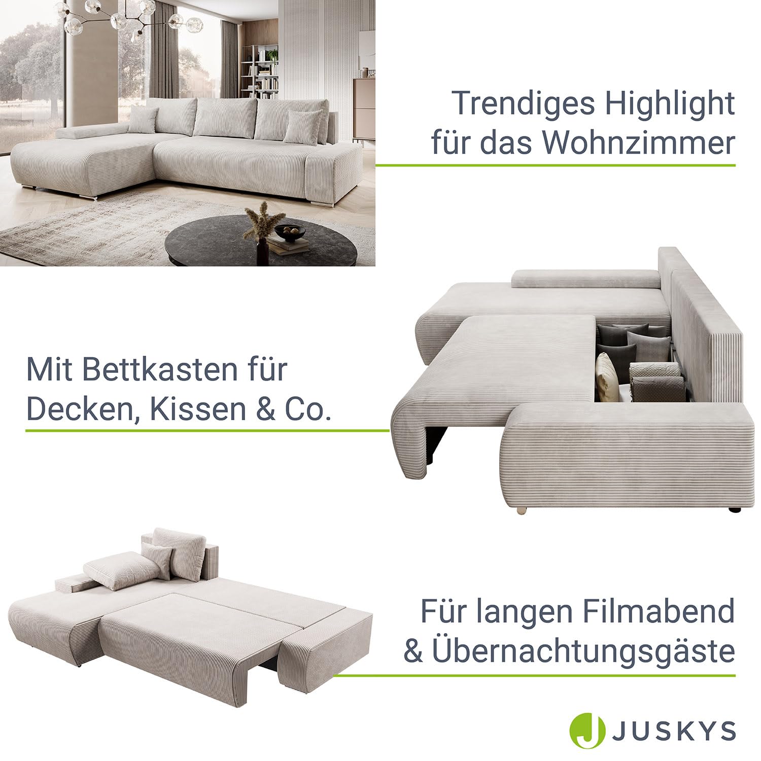 Juskys Sofa Iseo Links mit Schlaffunktion - Stoff Couch L Form für Wohnzimmer, bequem, ausziehbar - Schlafsofa Ecksofa Eckcouch Schlafcouch Beige