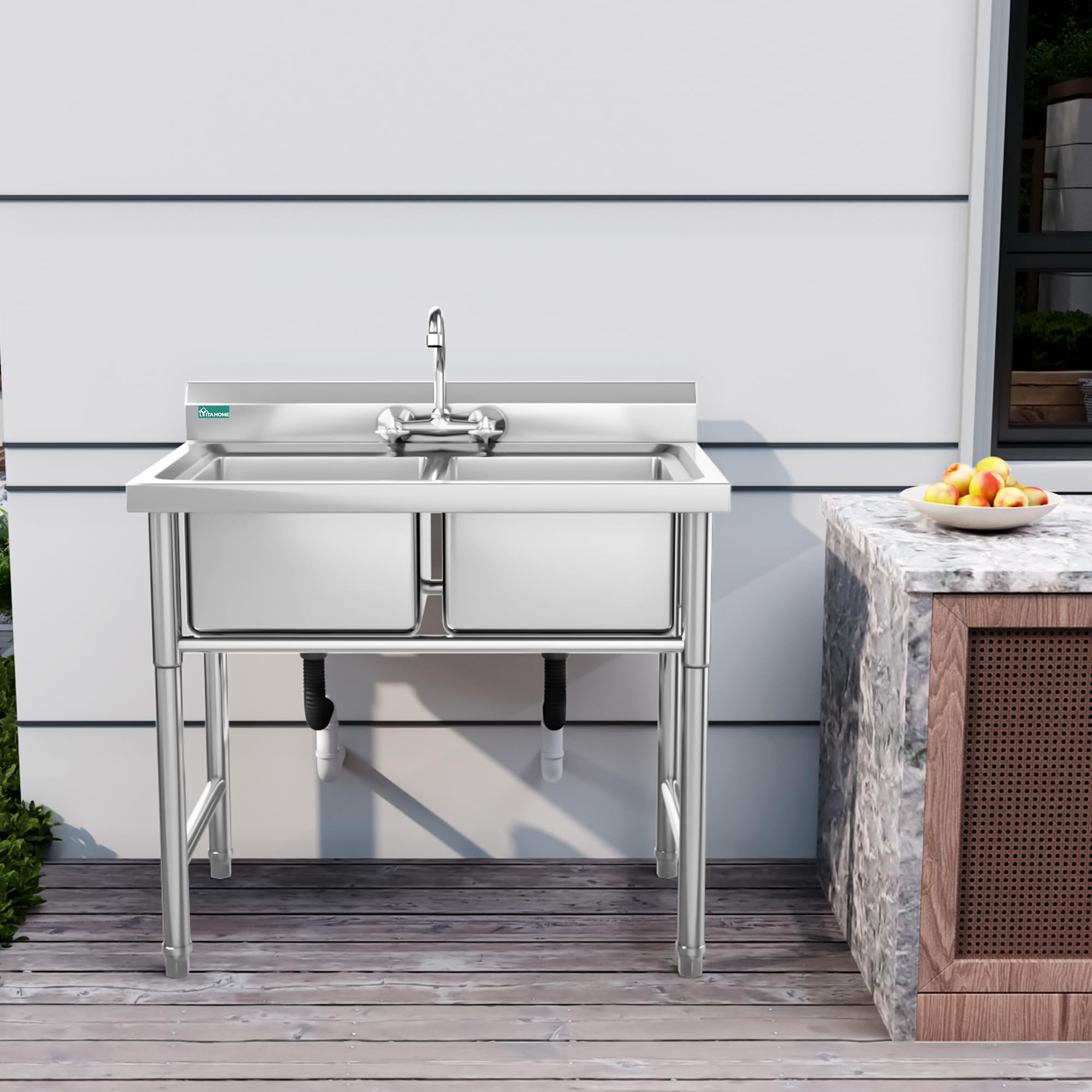 YITAHOME Évier de cuisine, de restaurant en acier inoxydable, évier de restauration sur pied, portable, extérieur, double cuvette, évier utilitaire pour hôtel, maison, bar, buanderie, garage