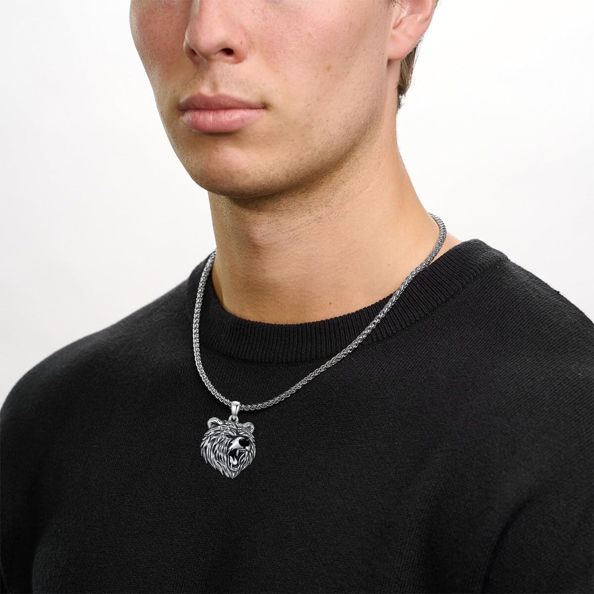 Bear Necklace 925 Sterling Silver Cool Viking Bear Head Pendant Necklaces Jewelry for Men, w/Stainless Steel Chain 22'' + 2''