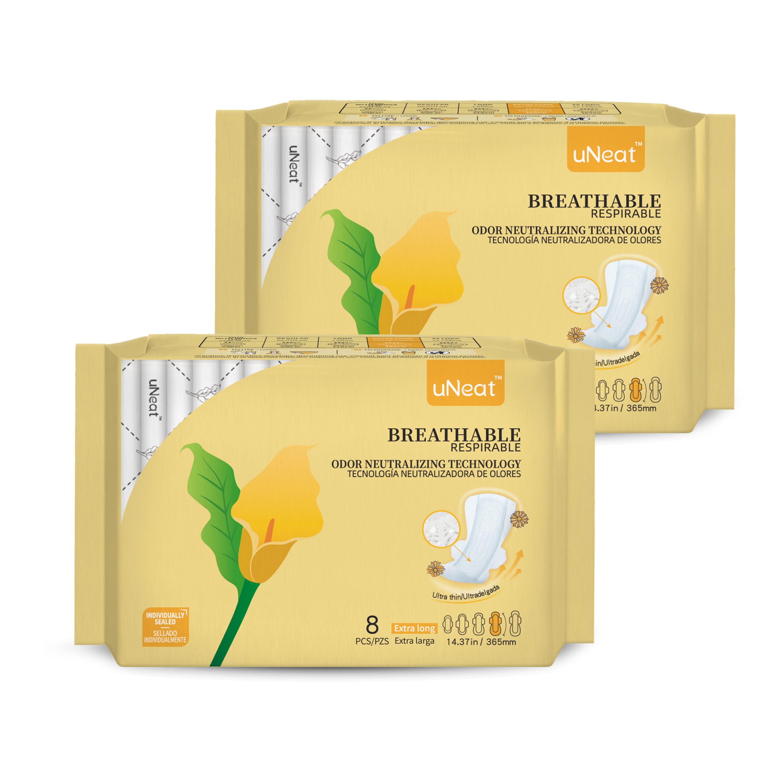 uNeat Almohadillas femeninas ultrafinas transpirables con alas para mujer, tecnología neutralizadora de olores, sin perfume, gran absorción, almohadillas nocturnas (extralargas, 8 unidades/paquete,