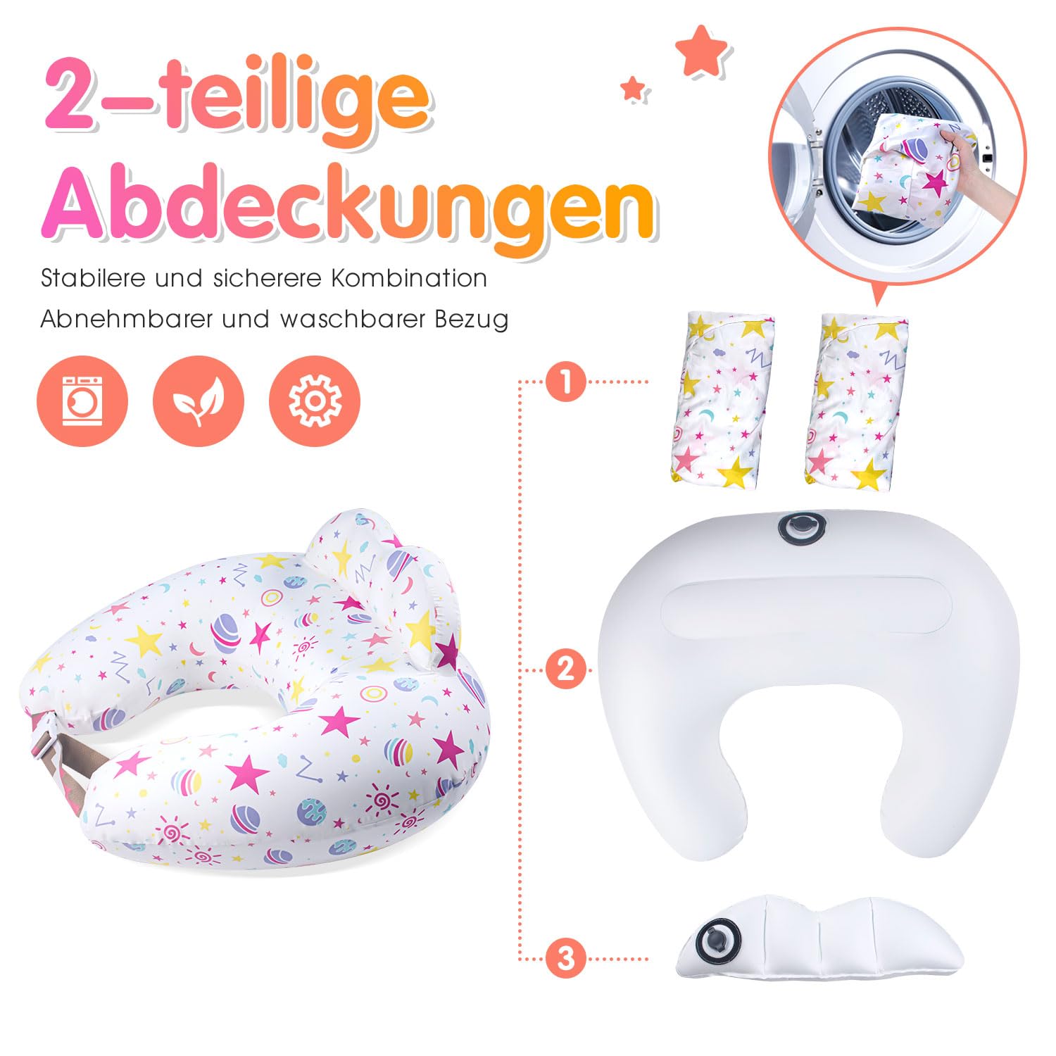 Cuscino gonfiabile per allattamento al seno - Cuscino da viaggio per l'alimentazione dei bambini, supporto per la mamma, cinghia regolabile in vita, fodera rimovibile in cotone 100% - Essenza