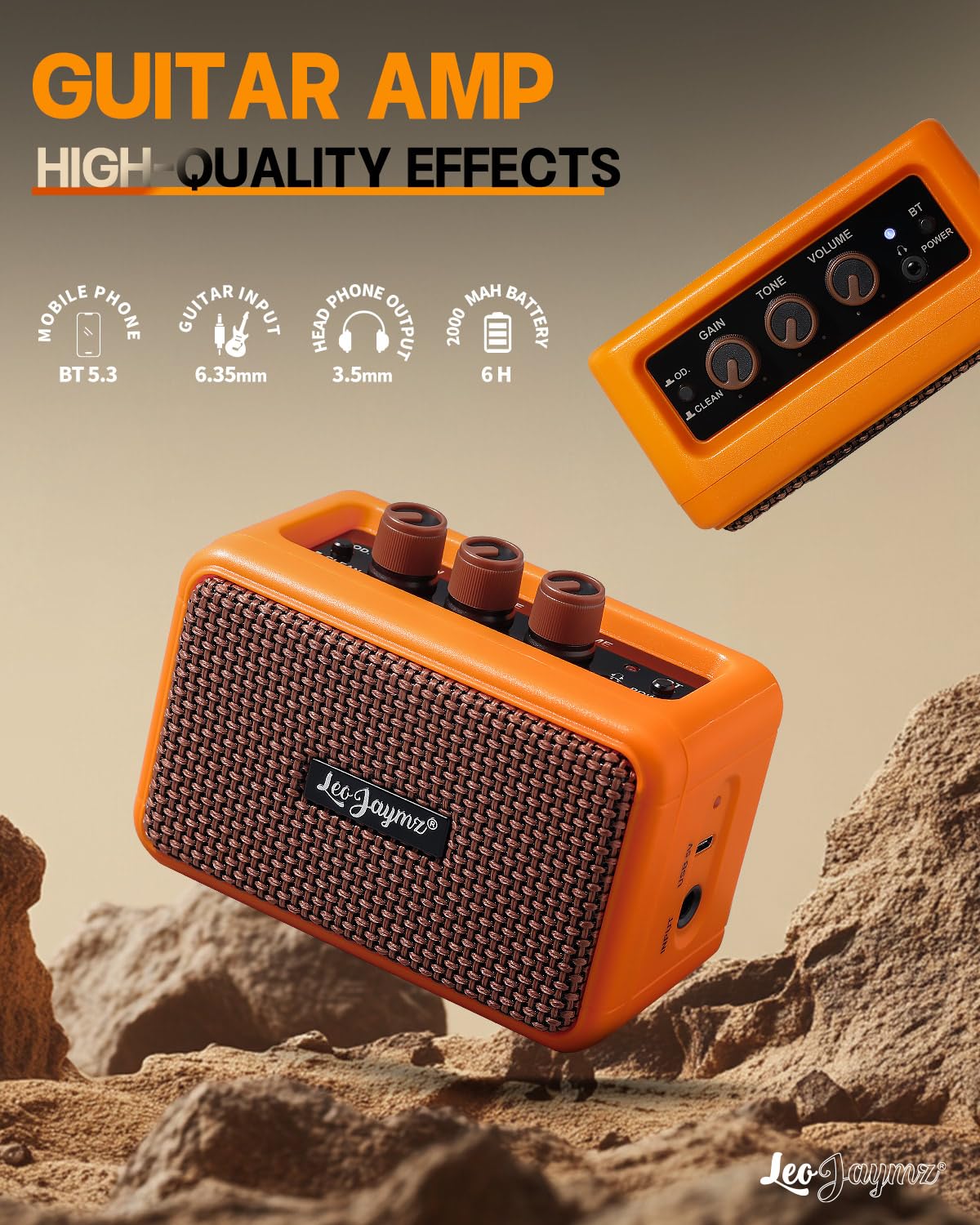 Leo Jaymz Mini Guitar Amplifier - 5W Dual Speaker BT Wireless Guitar Amp? Rechargeable Battery, Clean/Overdrive Modes, Headphone Jack,Ideal for Practice & Performance (Orange)