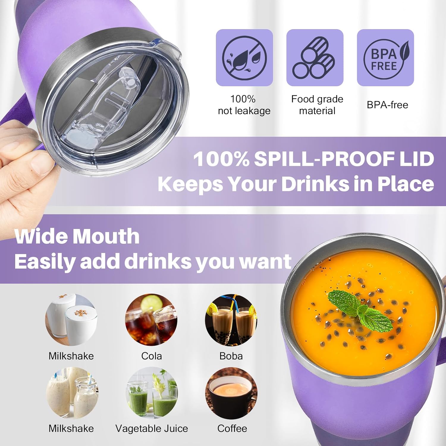 30 oz Stainless Steel Tumbler with Handle, Double Wall Vacuum Insulated Coffee Mug Tumbler with Lid and Straw, Thermal Cup for Cold and Hot (Purple Navy Blue) - Image 4