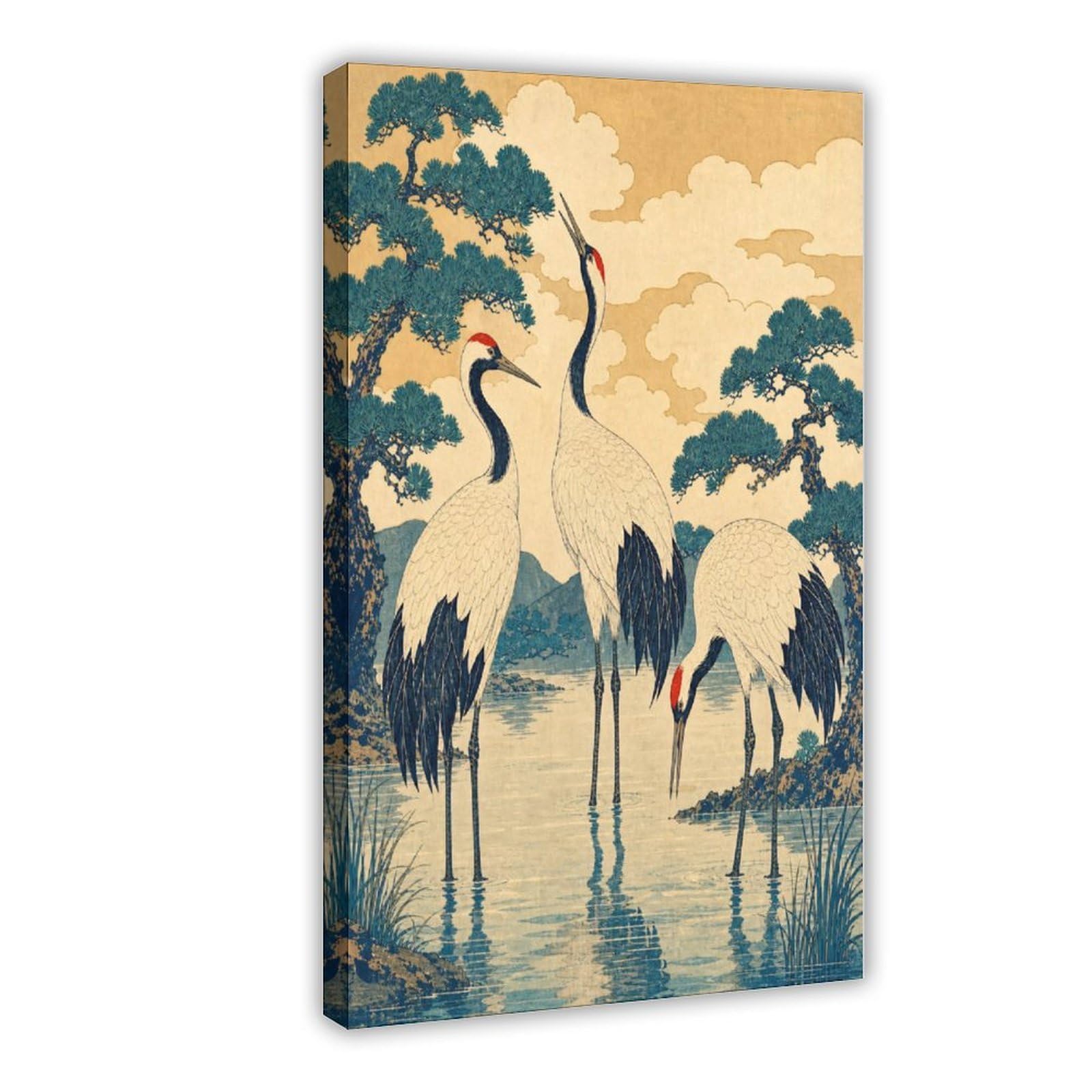 H3b8u2y5 Frame-Style-17 Cranes In Water Canvas Wall Art, Japanese Woodblock Dorm Decor