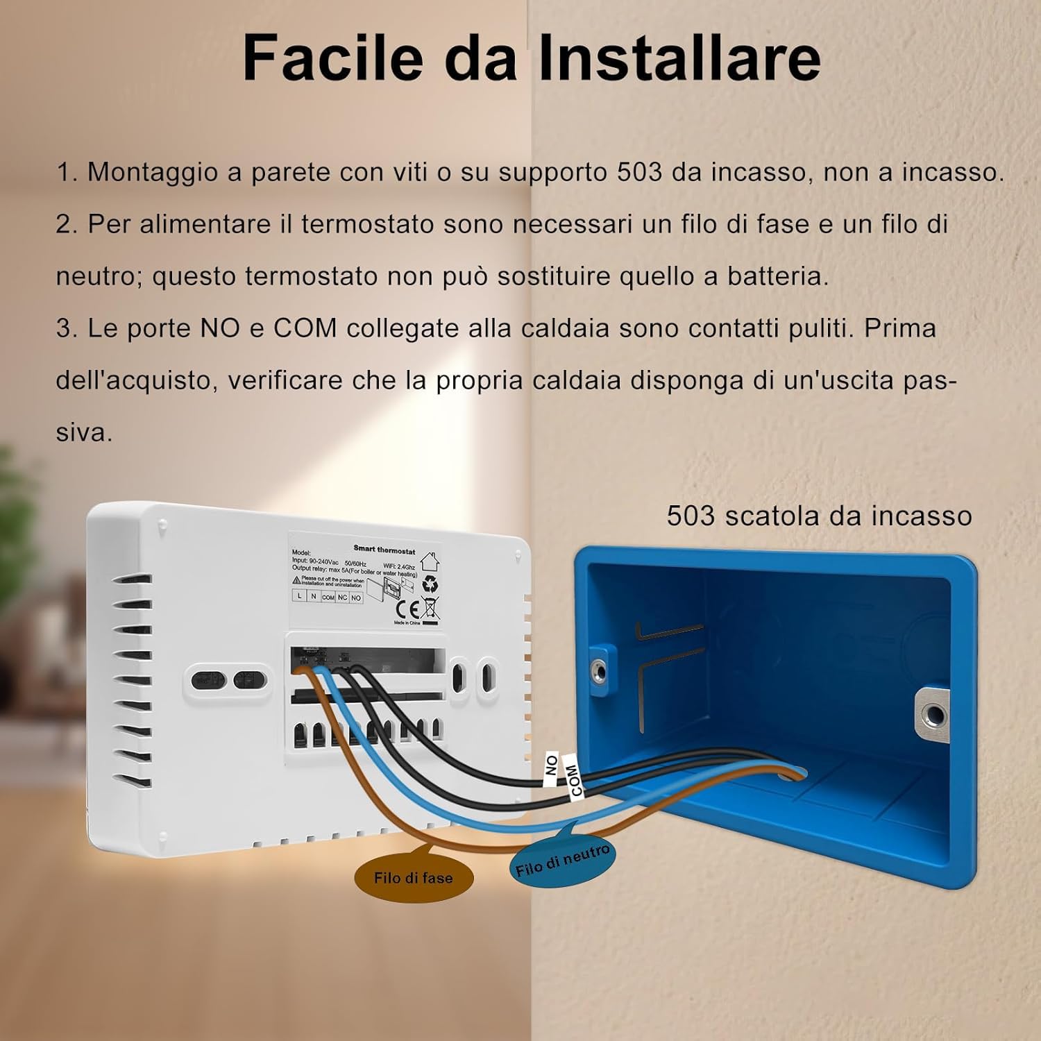 Termostato Caldaia WiFi Programmabile 220V 5A Alexa Compatibile, Cronotermostato Caldaia Digitale Intelligente 503 da Parete, Tuya/Smart Life App Controllo, Contatto Secco, (BIANCO)