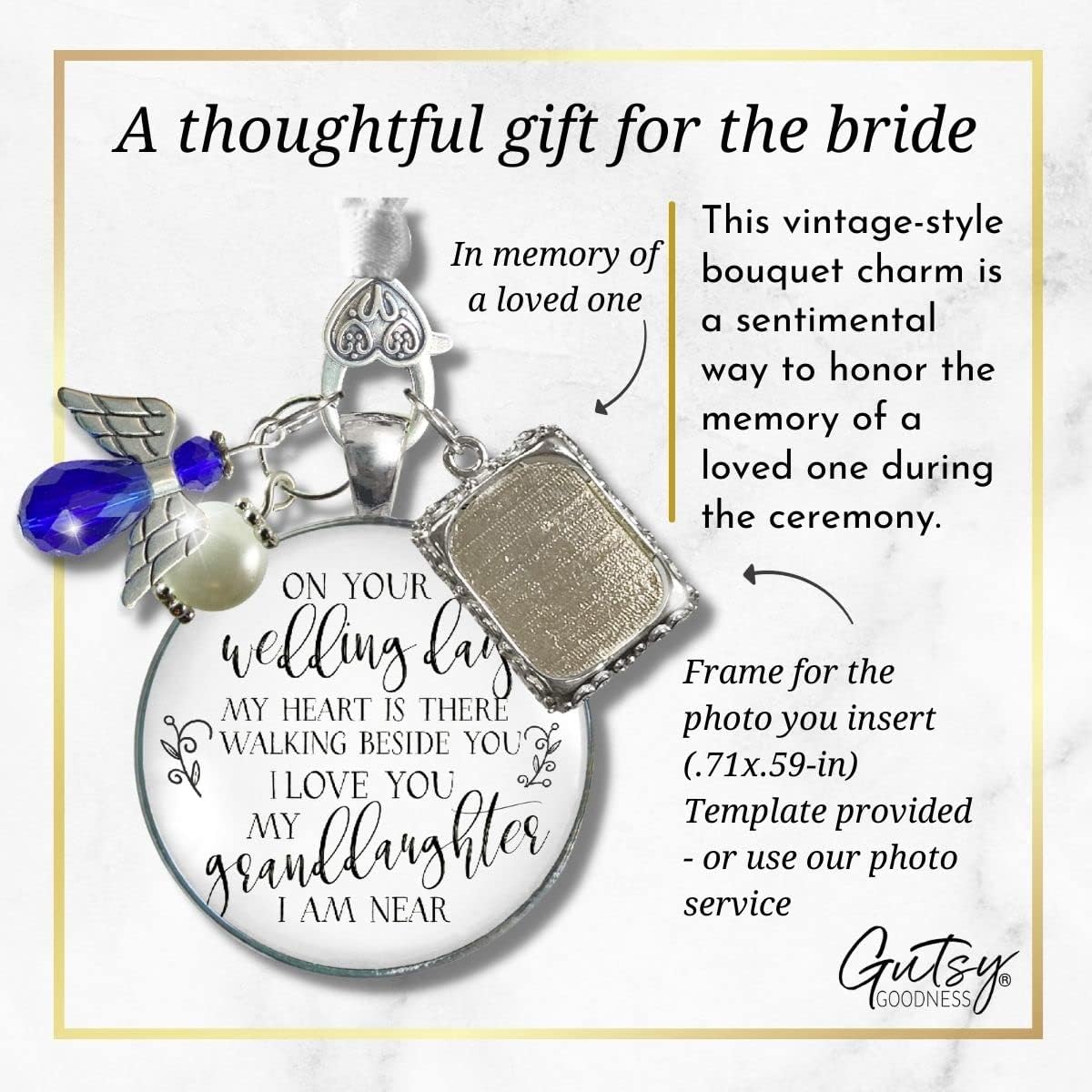 Bouquet Photo Charm Wedding Memory Something Blue Angel - I Know You'd Be Here If Heaven Honor Love One, Silver Finish Handmade Bridal Jewelry White Glass Pendant 2 Frames Gift Message & Box for Bride