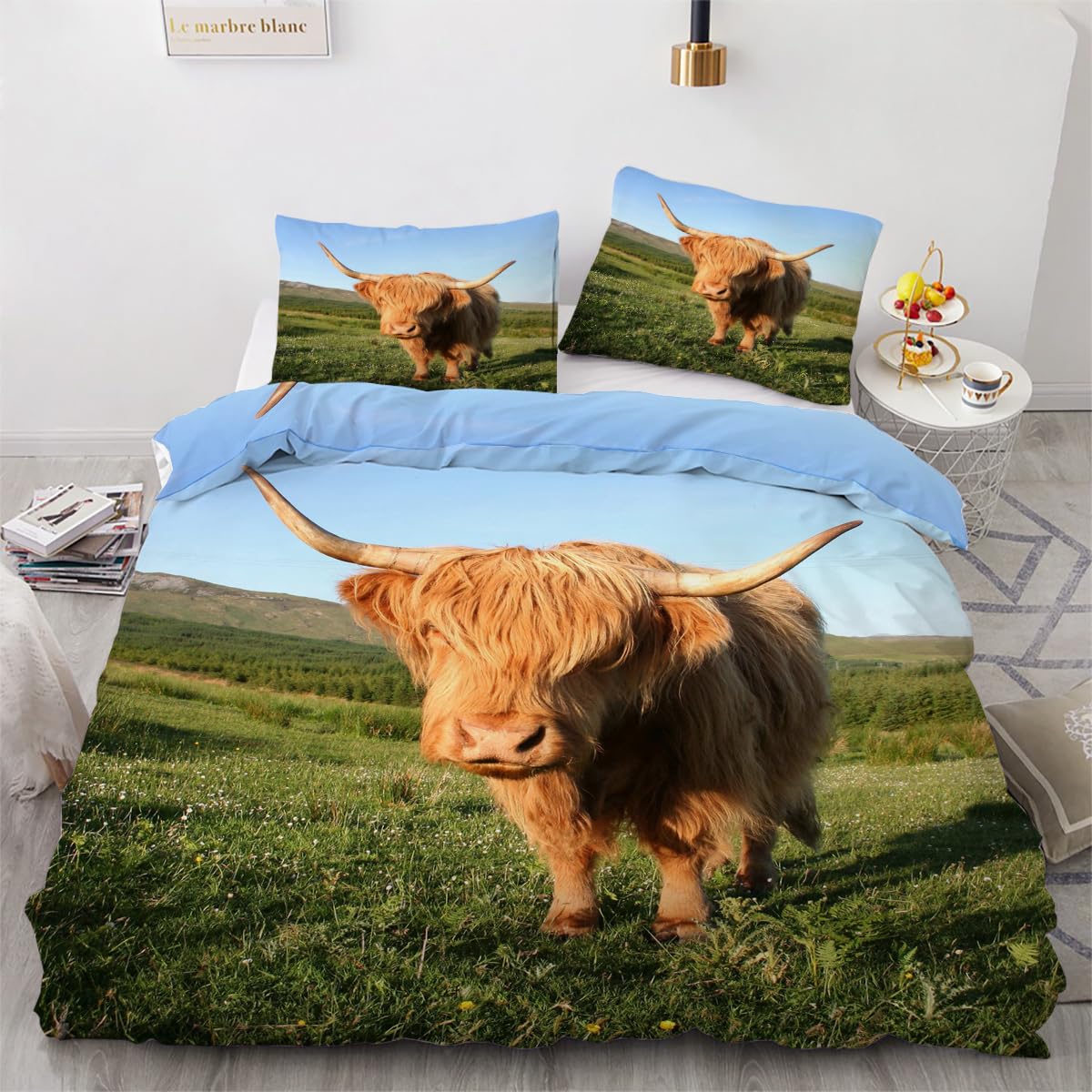 Housse de couette vache de Highland 140x200 cm avec 2 taies d'oreiller