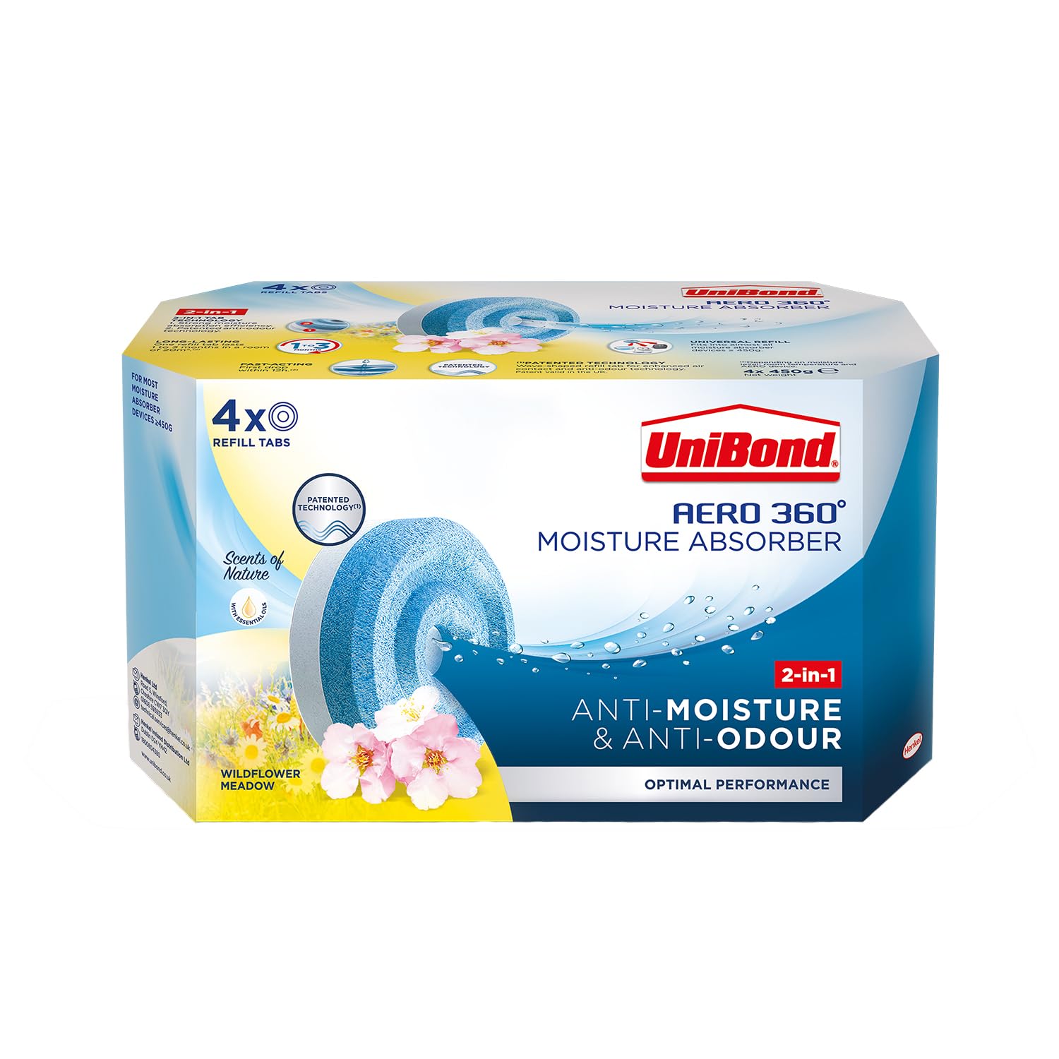UniBond AERO 360° Moisture Absorber Wildflower Meadow Refill Tab, Aromatherapy, Ultra-Absorbent and Odour-Neutralising, for AERO 360° Dehumidifier, Condensation Absorbers, Twin Pack (2 x 450g)