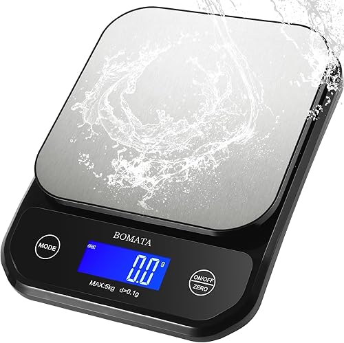 Miniatura 10 de BOMATA Báscula de cocina impermeable IPX6, 0.1 g/0.01 oz de alta precisión, 11.0 lbs/11 libras, báscula digital con luz de fondo, plataforma de 0.00