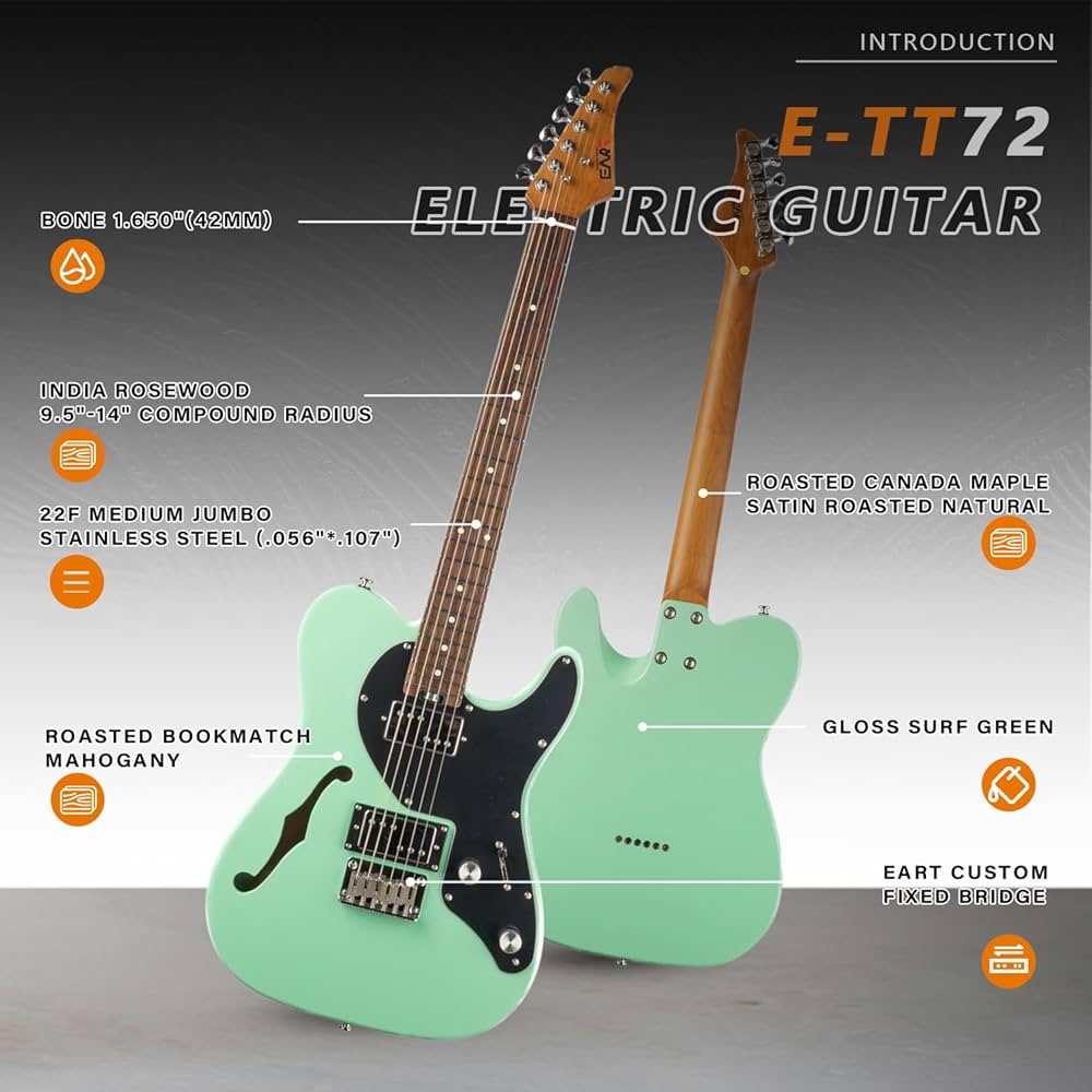 EART E-TT72 6 String Semi-Hollow-Body Electric Guitar Versatile