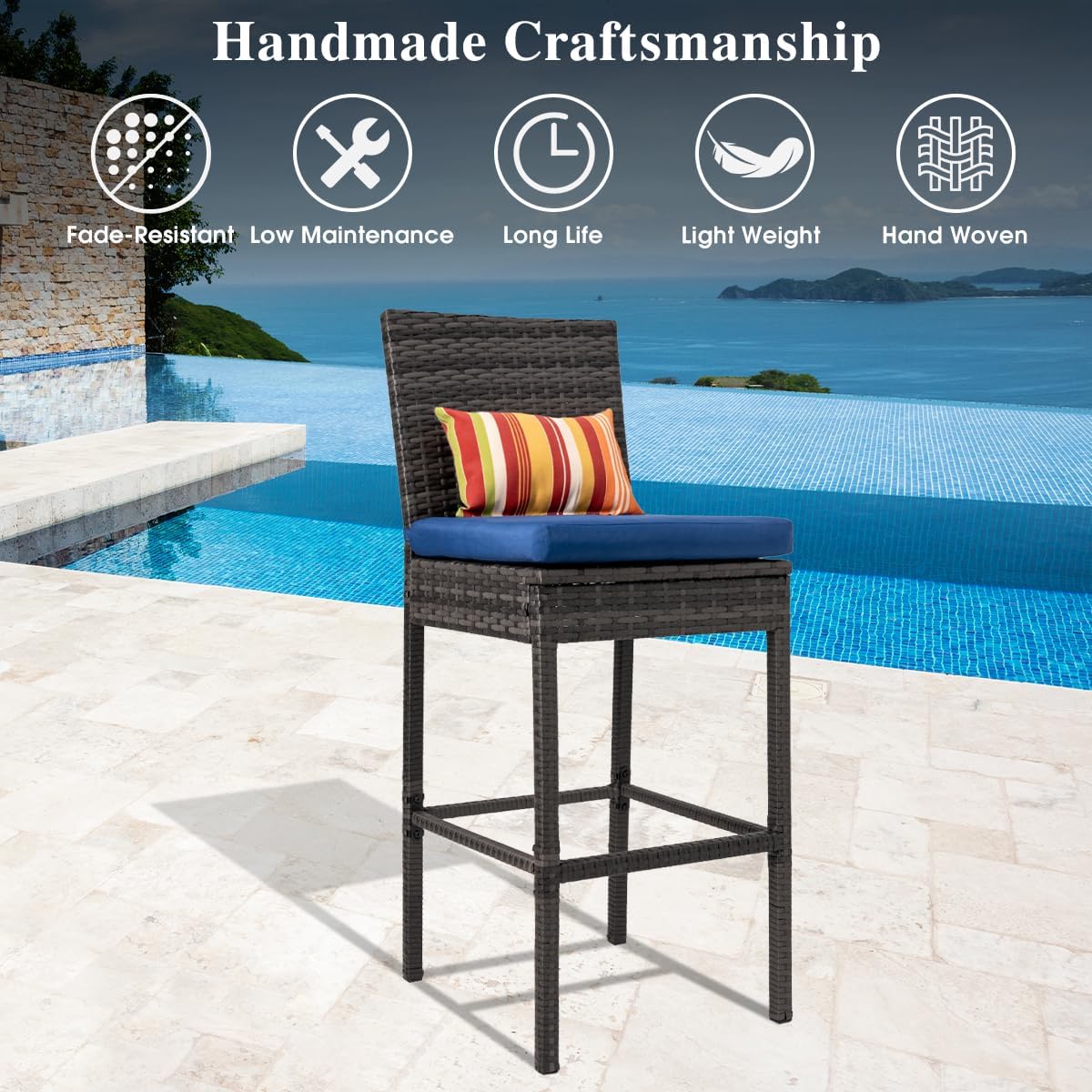 Sundale Outdoor Wicker Bar Stool Set of 6, 30 Inch Seat Height Patio Counter Height Stool with Back Rest, Rattan Woven Tall Chair with Pillow & Cushion (Charcoal&Navy Blue, Small Seat - 6 Stools)