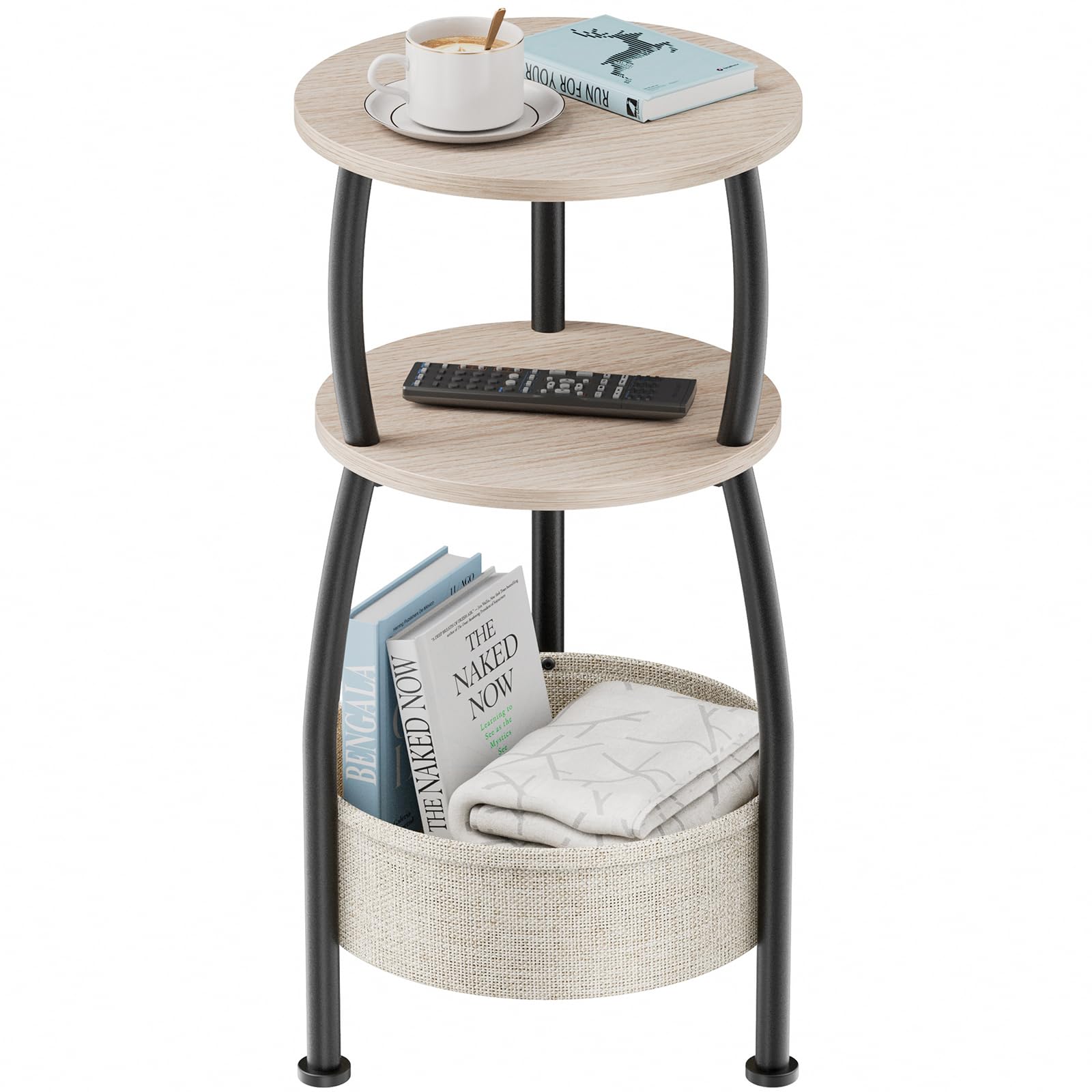 Yuede Round Side Table, 3 Tier Bedside Table, Small End Table with Fabric Basket, Coffee Table for Living Room, Bed Room, Small Space, Easy Assembly, 30 x 61 cm (Oak) — image 1