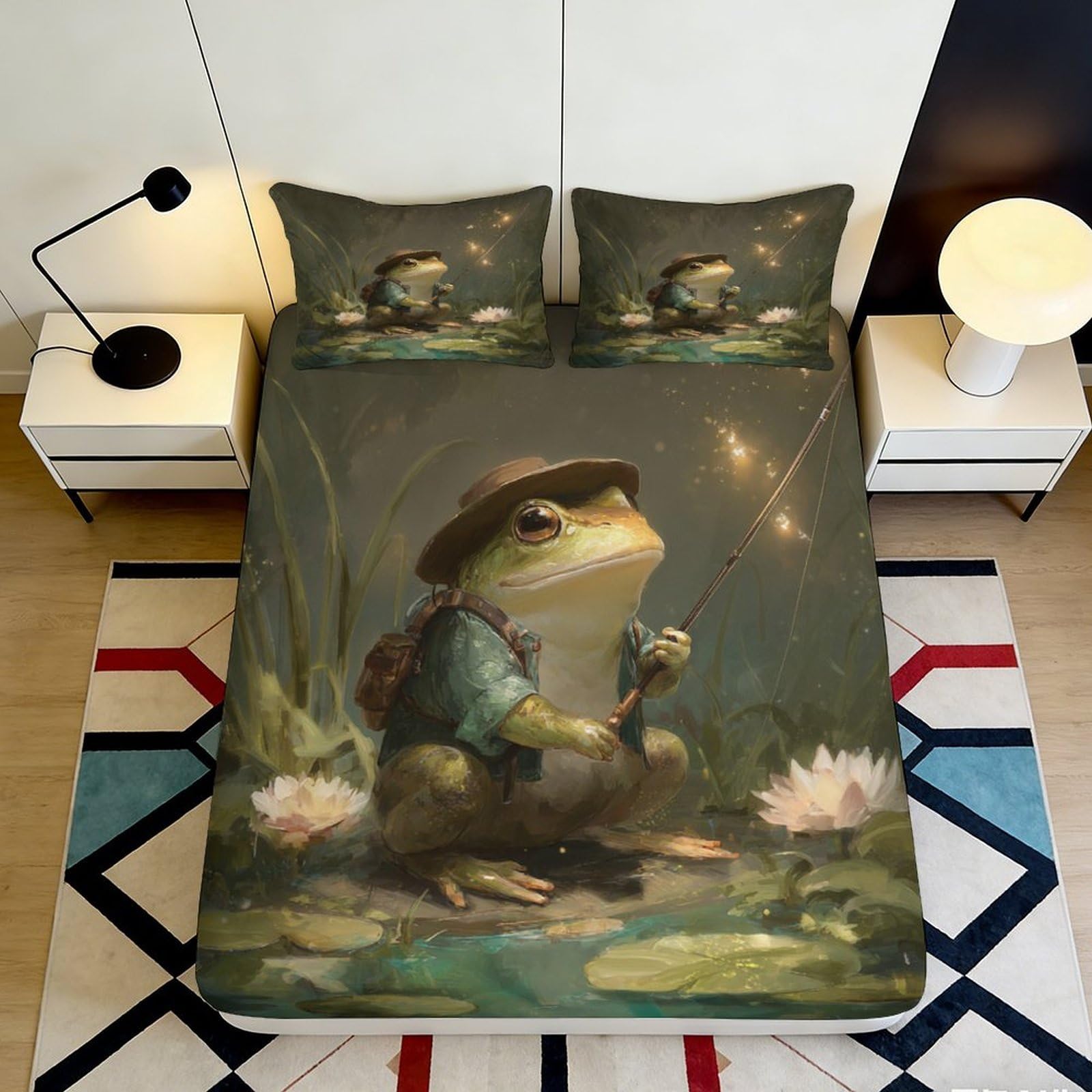 3D Printed Frog Adventure Fitted Sheet Microfiber Soft Green Lotus Pond Bed Cover for Bedroom Guestroom Decor 90x200x25cm