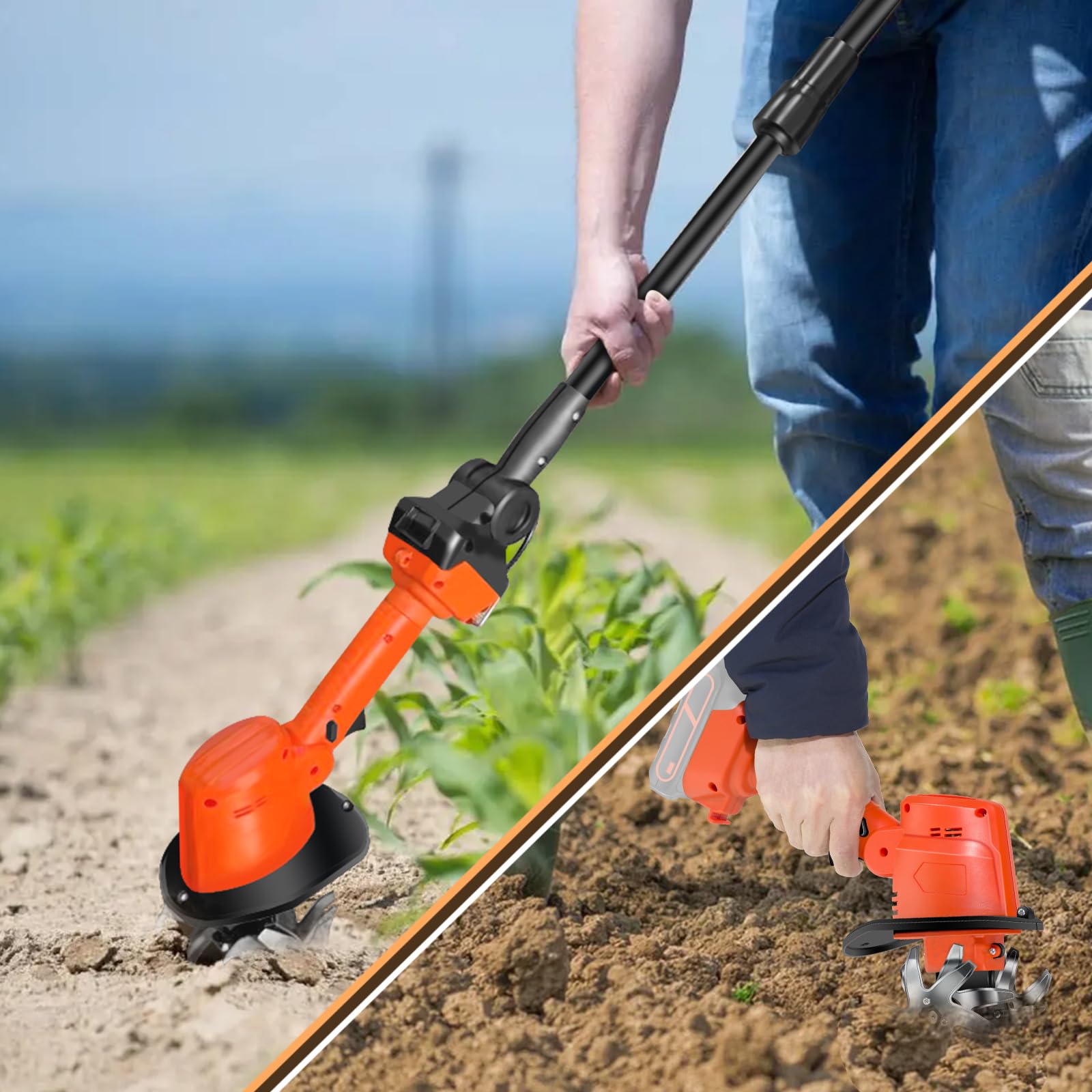 Elektrische Gartenhacke, Akku Tiller Kultivator mit 4 Stahlklingen, Teleskopgriff Elektrischer Bodenfräse Kultivator kompatibel mit Makita 21V, 10 cm Arbeitsbreite & Tiefe, für Garten (OHNE AKKU)