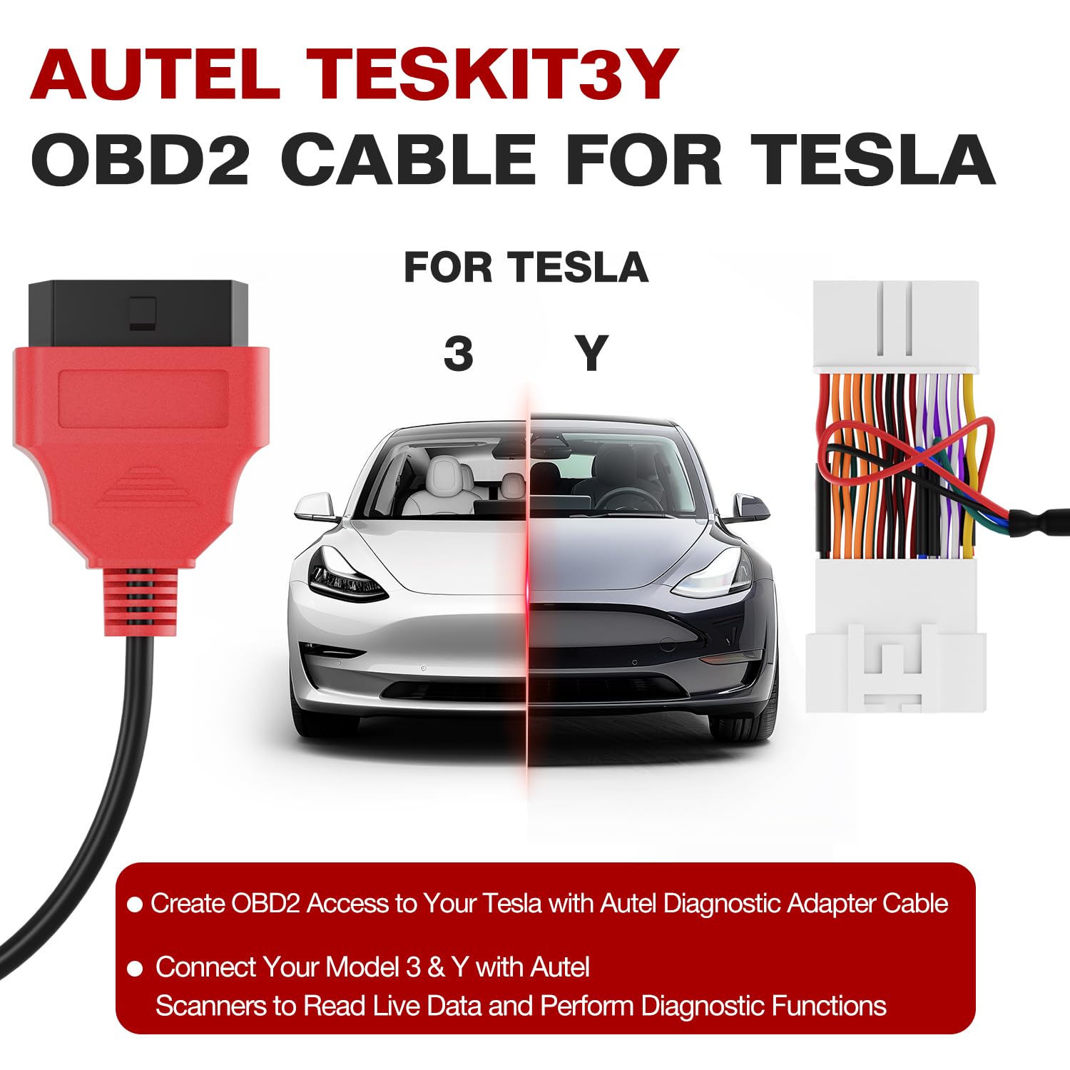 Autel Original TESKIT3Y Teala Diagnostic Cable Adapter for Tesla Model 3 & Y, 26Pin OBD1 to 16 Pin OBD2 Extension Harness Connector Work w/Autel Scanner MaxiSys Ultra/Elite II PRO/ MS908S PRO/ MS909