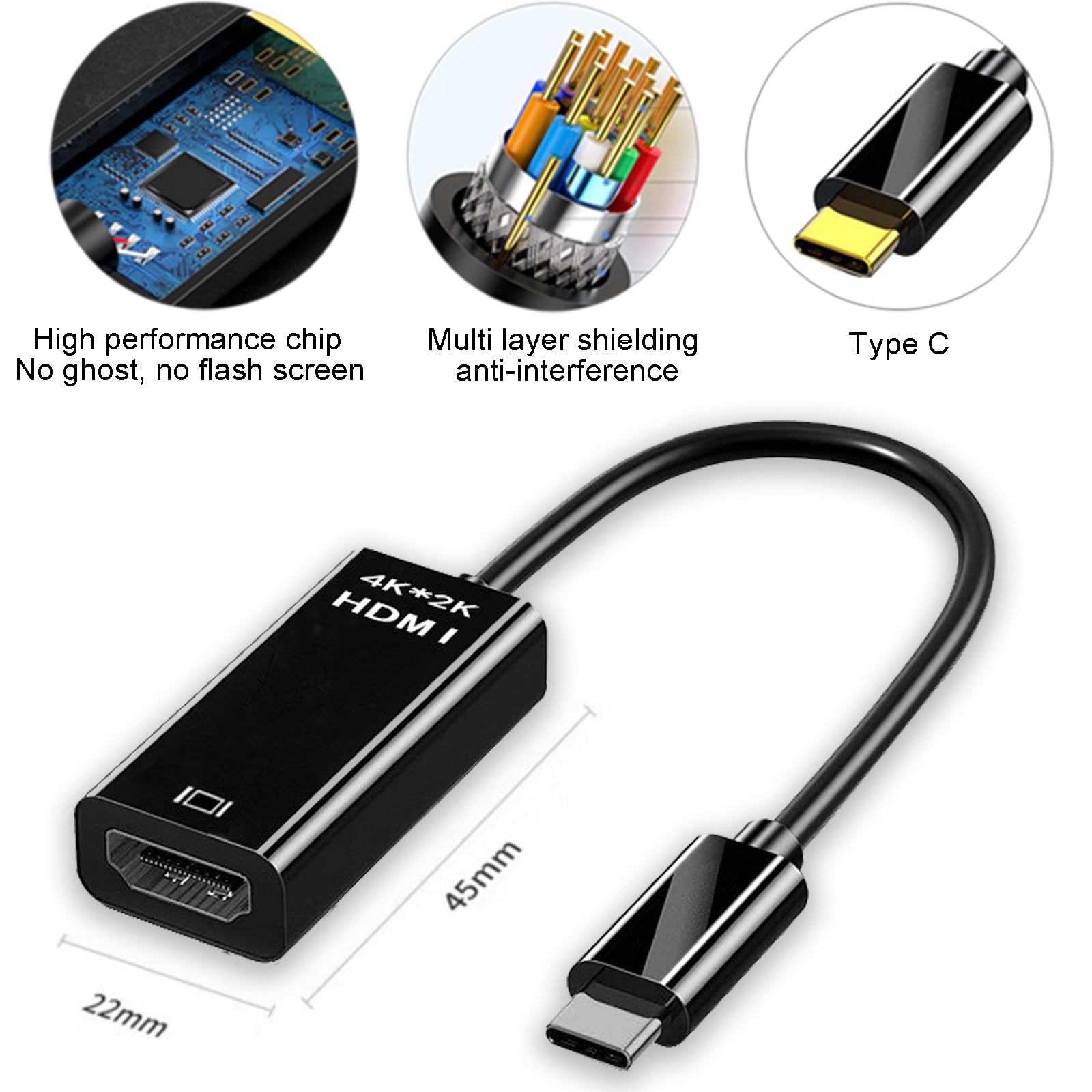 Adattatore da USB C a HDMI 4K 2K 1080P, USB Tipo C Maschio a HDMI Femmina, HD Uscita Audio Video per MacBok Pad Galaxy HDTV Monitores, Cavo 15 cm