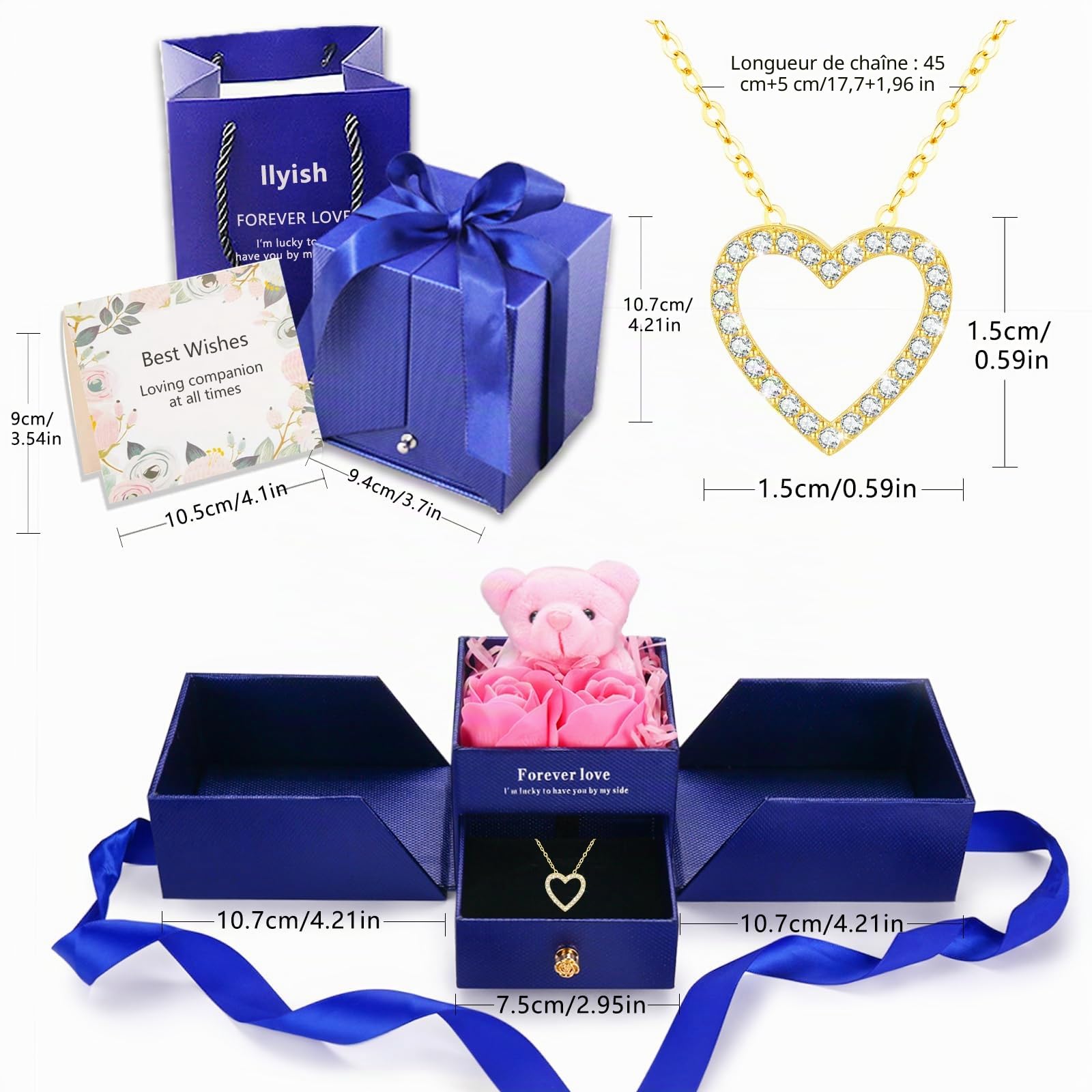Cadeau pour Femme Rose Éternelle Fleurs Ours Boite avec Collier Coeur Idées Cadeaux Saint-Valentin Fête des Mères Noël Anniversaire de Mariage pour Elle Maman Petite Amie