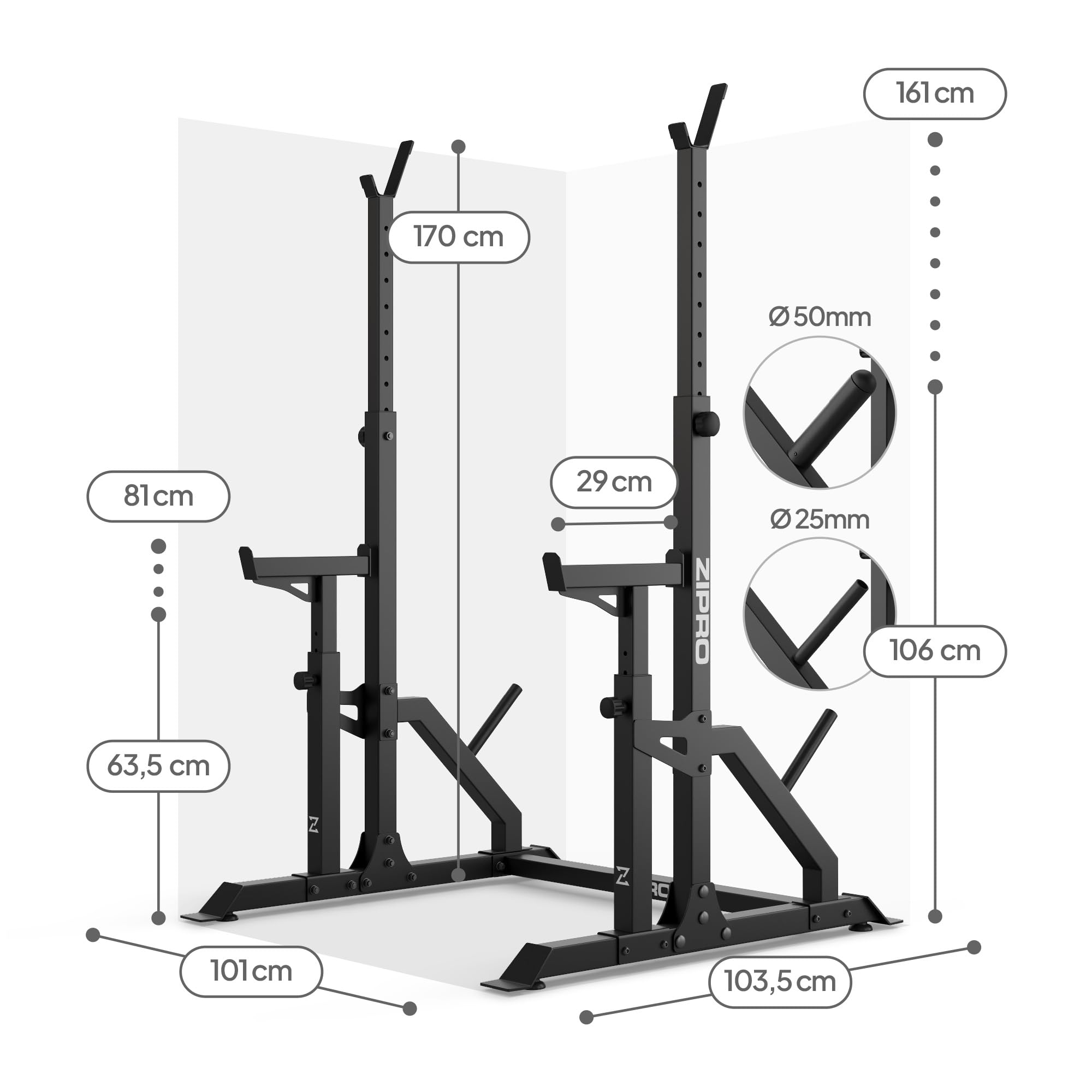 ZIPRO Ripiano bilanciere regolabile in altezza, capacità massima utente di 120 kg, in acciaio – bilanciere, squat rack, supporto per manubri, supporto per bilanciere