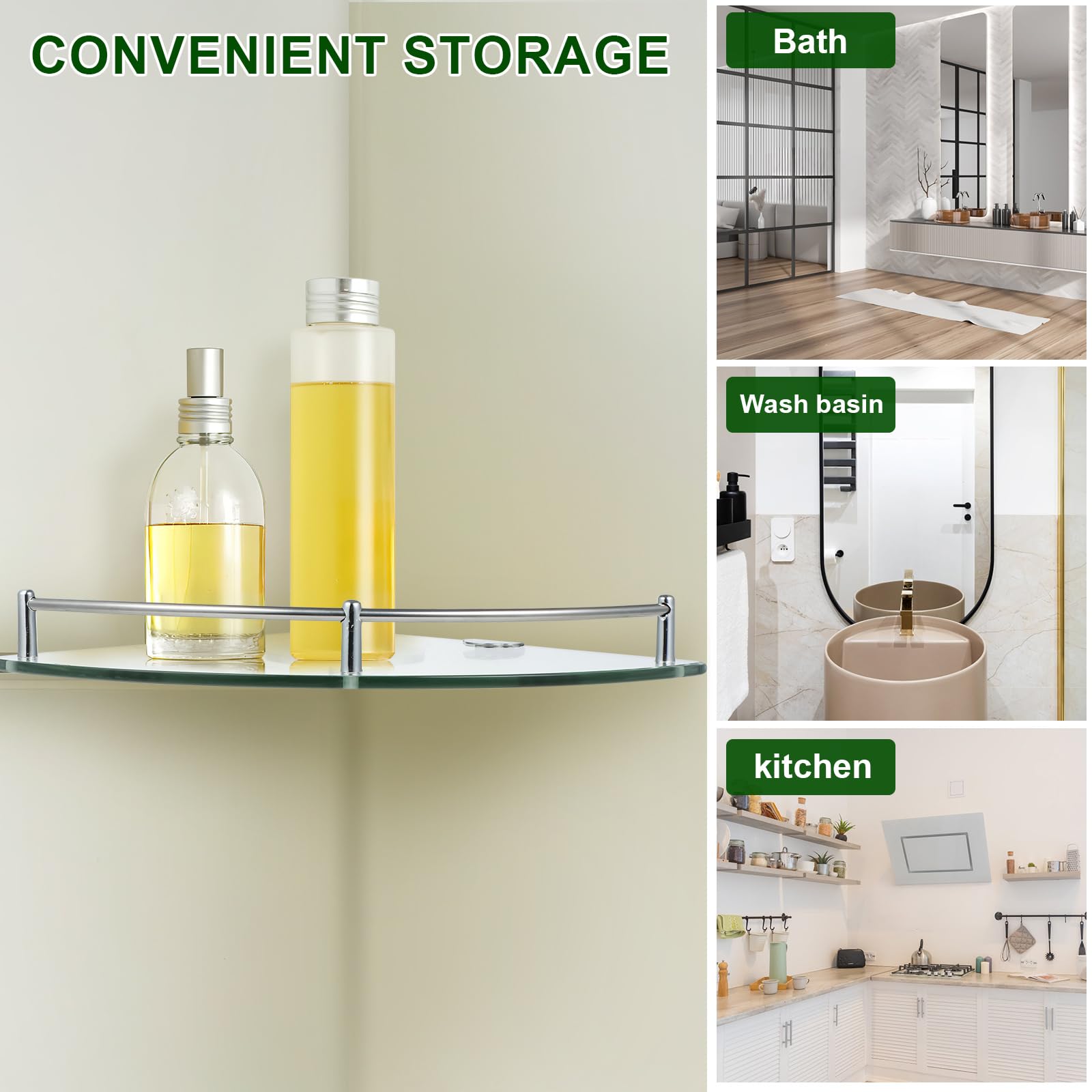 Amosfun 2pcs Glass Corner Shelf, 24x24cm Wall Mounted Shower Shelves with Rail - Image 4
