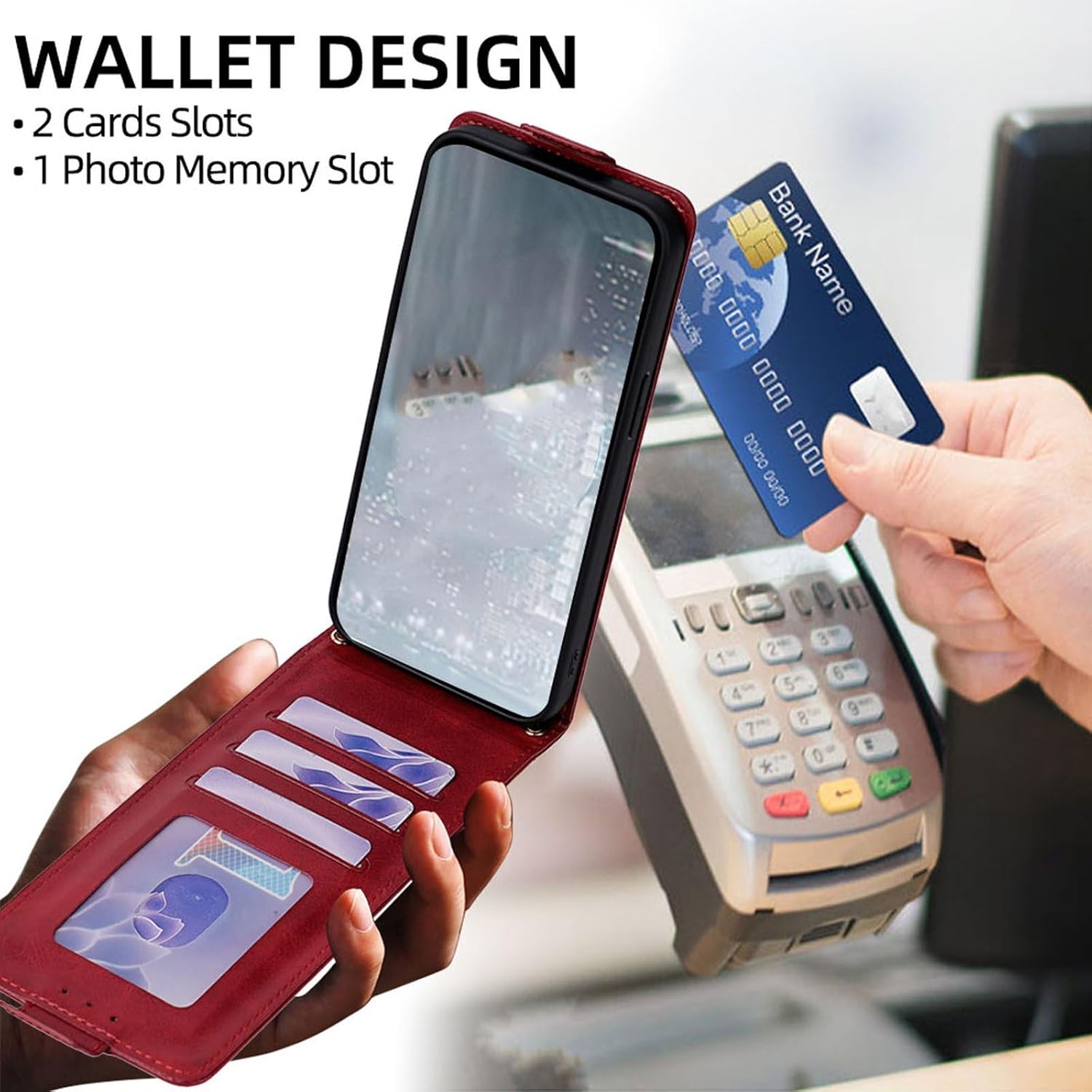 Flip Folio Case for iPhone 17 Pro Max, PU Leather Crossbody Cover with Card Holder Magnetic Clasp - Red