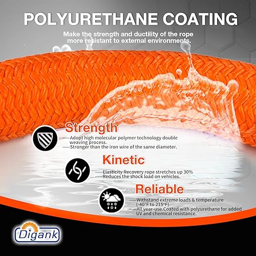 Miniatura 3 de Cuerda de recuperación cinética, (1 pulgada x 30 pies naranja) Extremo Duty 30% Elasticity Energy Snatch Correa para UTV, ATV, camión, coche,