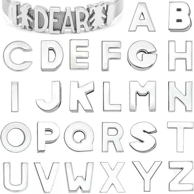 stino Metal Letter Beads Set, 52 Pieces, Slide Alphabet for Bracelet Necklace, DIY Jewelry Making, Silver (Silver Letter)