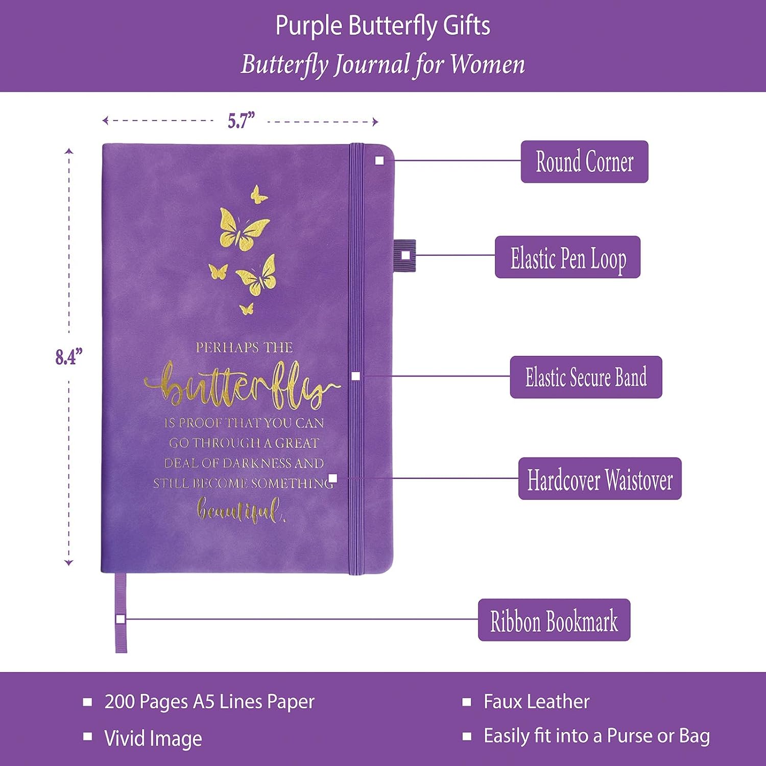 Butterfly Lover Gifts Women, Butterflies Journal 200 Pages Notebook A5 Lined with Pen and Keychain, Butterfly Inspirational Themed Gifts for Her Daughter Mom Birthday Retirement Christmas