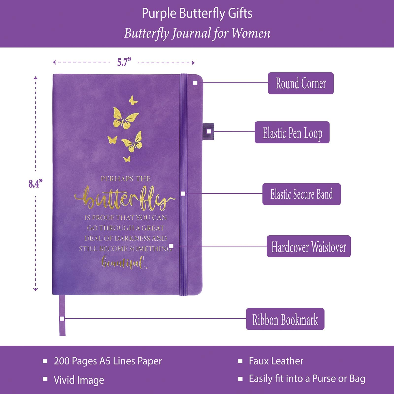 Butterfly Lover Gifts Women, Butterflies Journal 200 Pages Notebook A5 Lined with Pen and Keychain, Butterfly Inspirational Themed Gifts for Her Daughter Mom Birthday Retirement Christmas
