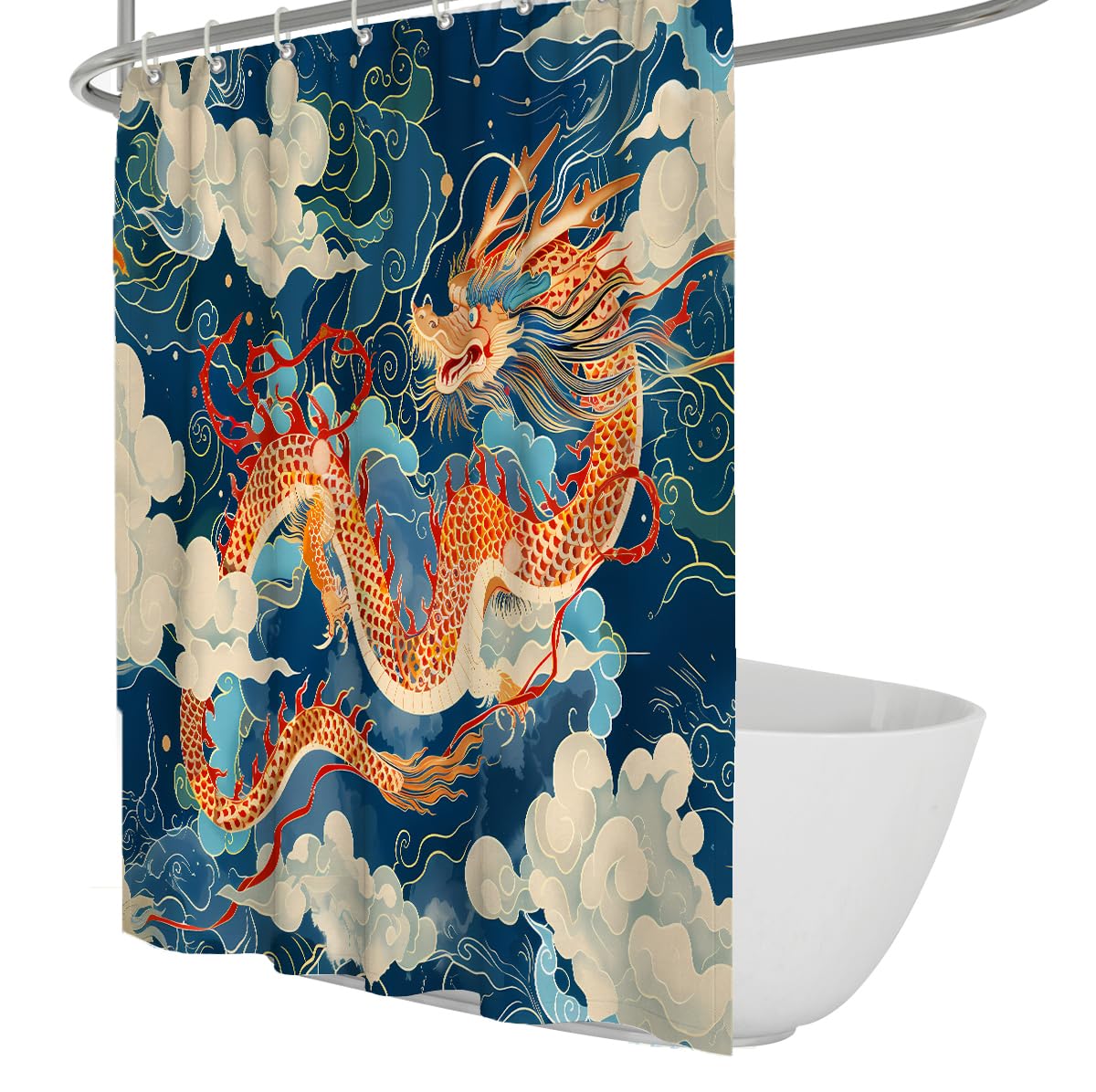 UERWOWELL Chinese Dragon Shower Curtain Oriental Myth Bathroom Decor Waterproof Polyester Fabric Vintage Ornate Moire Cloud Shower Curtains with Hooks W120xL180 cm