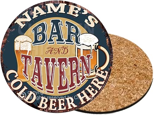 Any Name's BAR Tavern - Juego de 4 posavasos personalizados personalizados, estilo rústico, desgastado, vintage, retro, cocina, bar, pub, cafetería,
