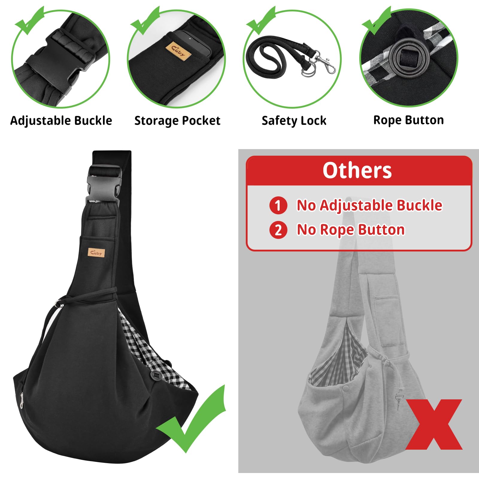 CUBY Dog and Cat Sling Carrier, Hand-Free Dog Carrier Slings with Adjustable Straps Pocker, Puppy Slings Carrier for Small Dogs Cats Outdoor Travel Bag(Black, M-Adjustable Strap)