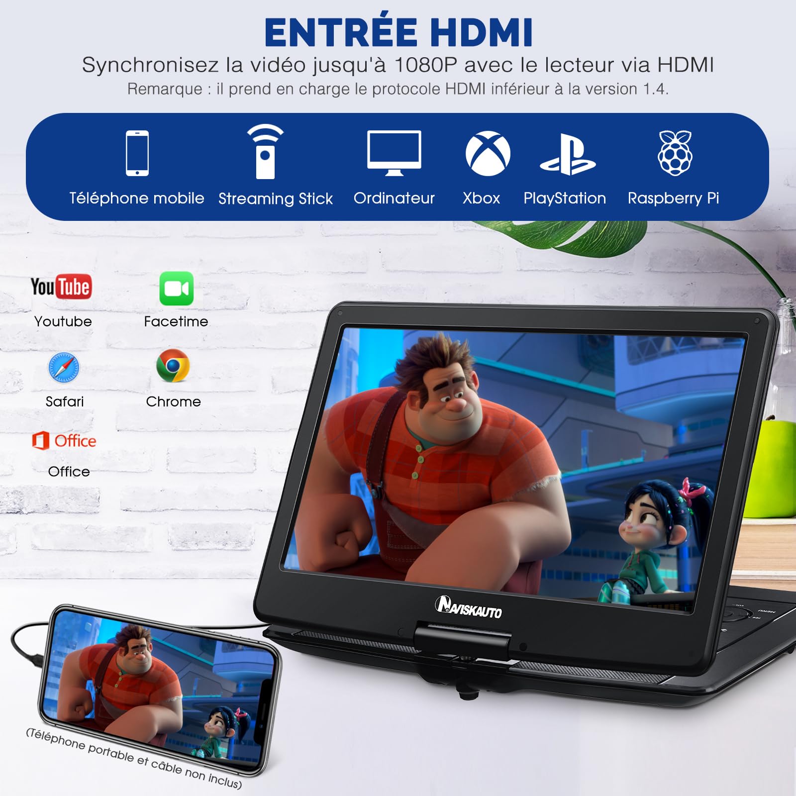 NAVISKAUTO 17,5'Lecteur DVD Portable Voiture, supporte HDMI Input, 1080P Vidéo Full HD, AV in/Out, Lecteur DVD Portable avec Sacoche de Transport Grand Ecran pour Enfant